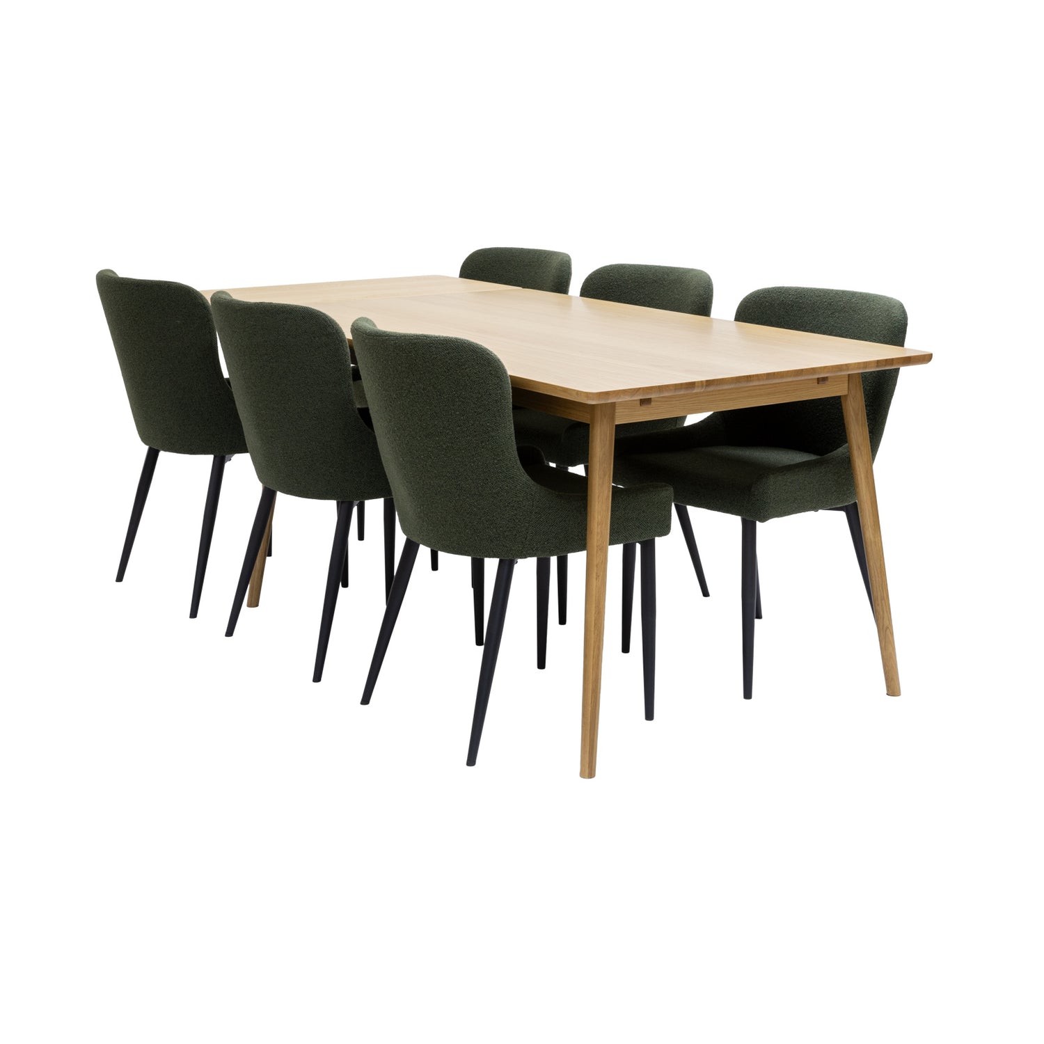 Barrali-ruokapöytä 195 x 90 cm yhdellä jatkolevyllä pöydän päästä jatkettuna, luonnonvärinen tammi. Tässä pöytäryhmässä luonnonvärinen Barrali-ruokapöytä on yhdistettynä vihreisiin Boucle-kankaisiin Ontario-tuoleihin (mustat metallijalat).