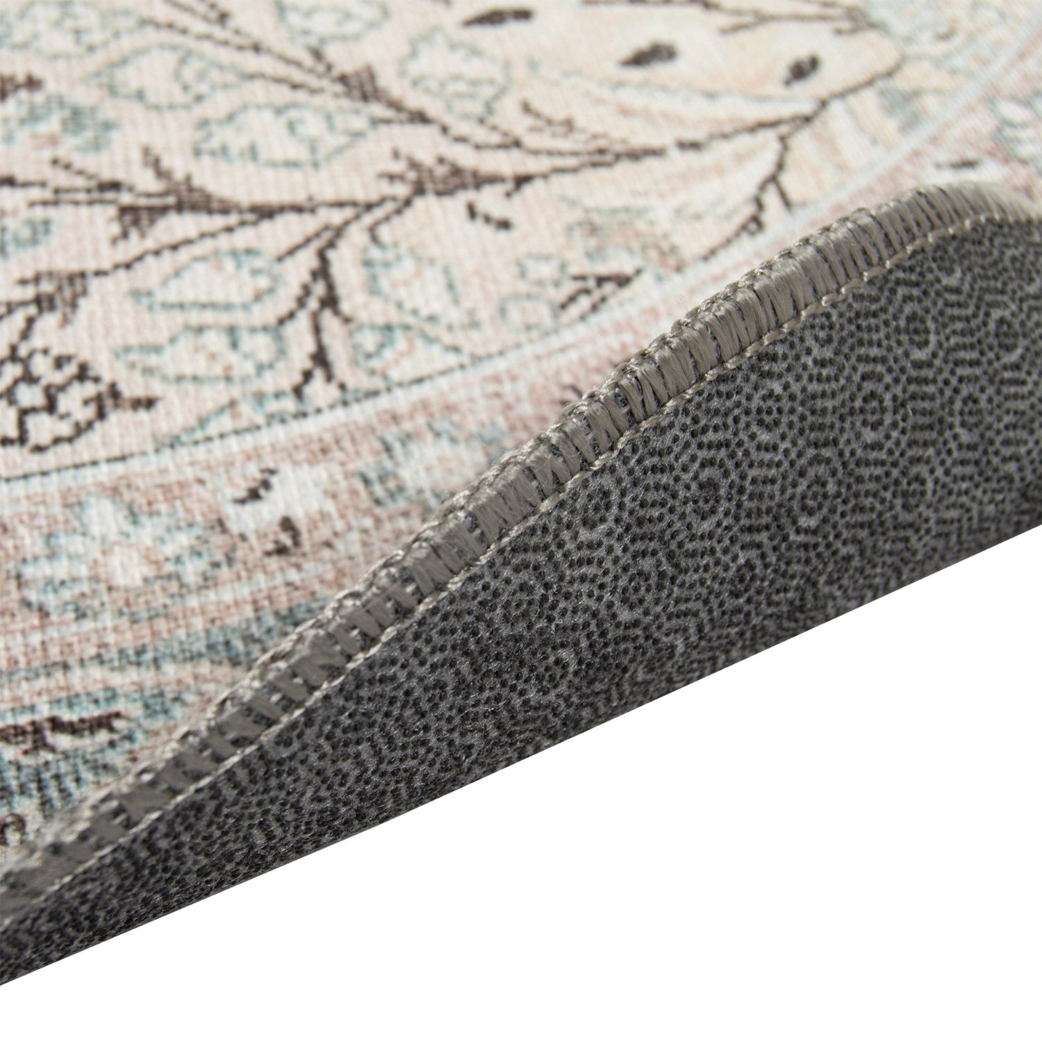 Cecilia-maton beige-sinisen sävyinen itämainen kuosi, reuna ja liukuestepohjausta.