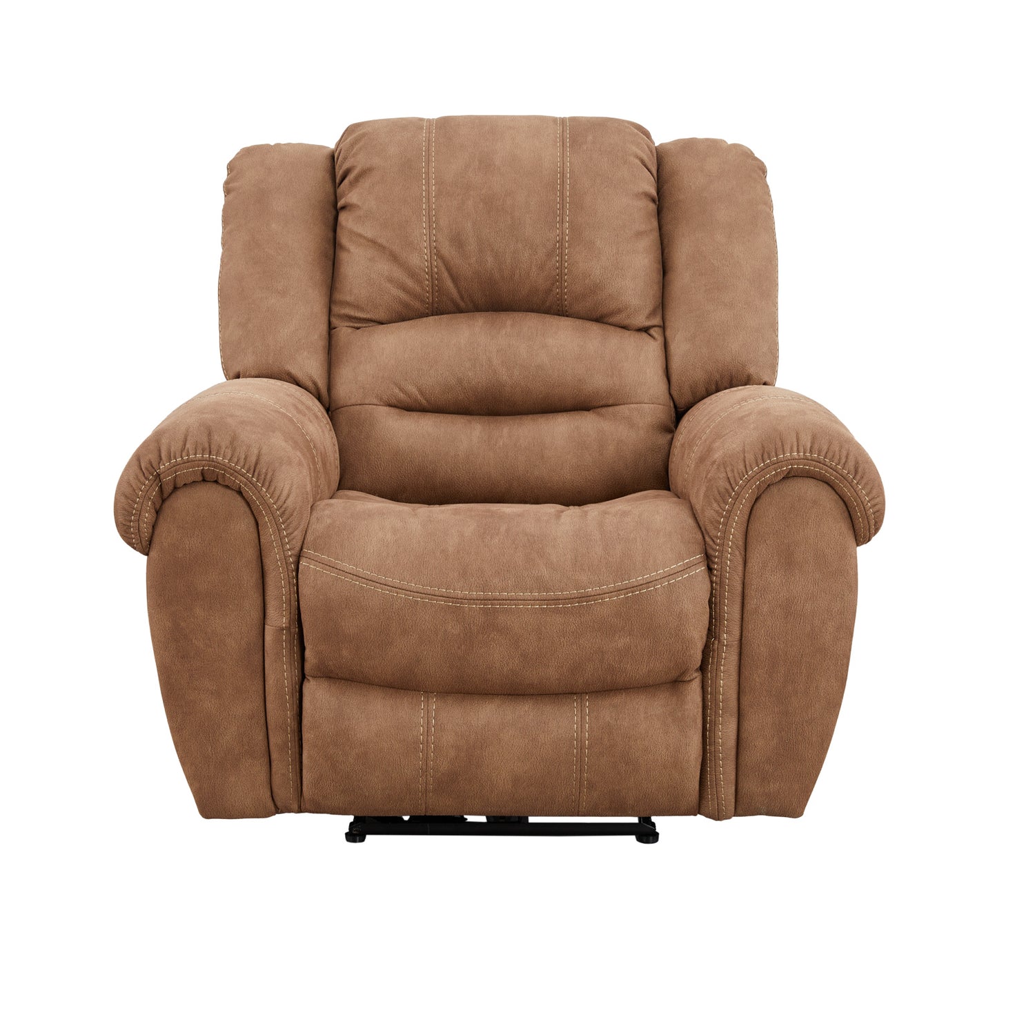 Ruskea Cinema-nojatuoli. Recliner-tuolin selkänoja kallistuu ja jalkarahi nousee sivussa olevalla sähkökäyttöisellä napilla.