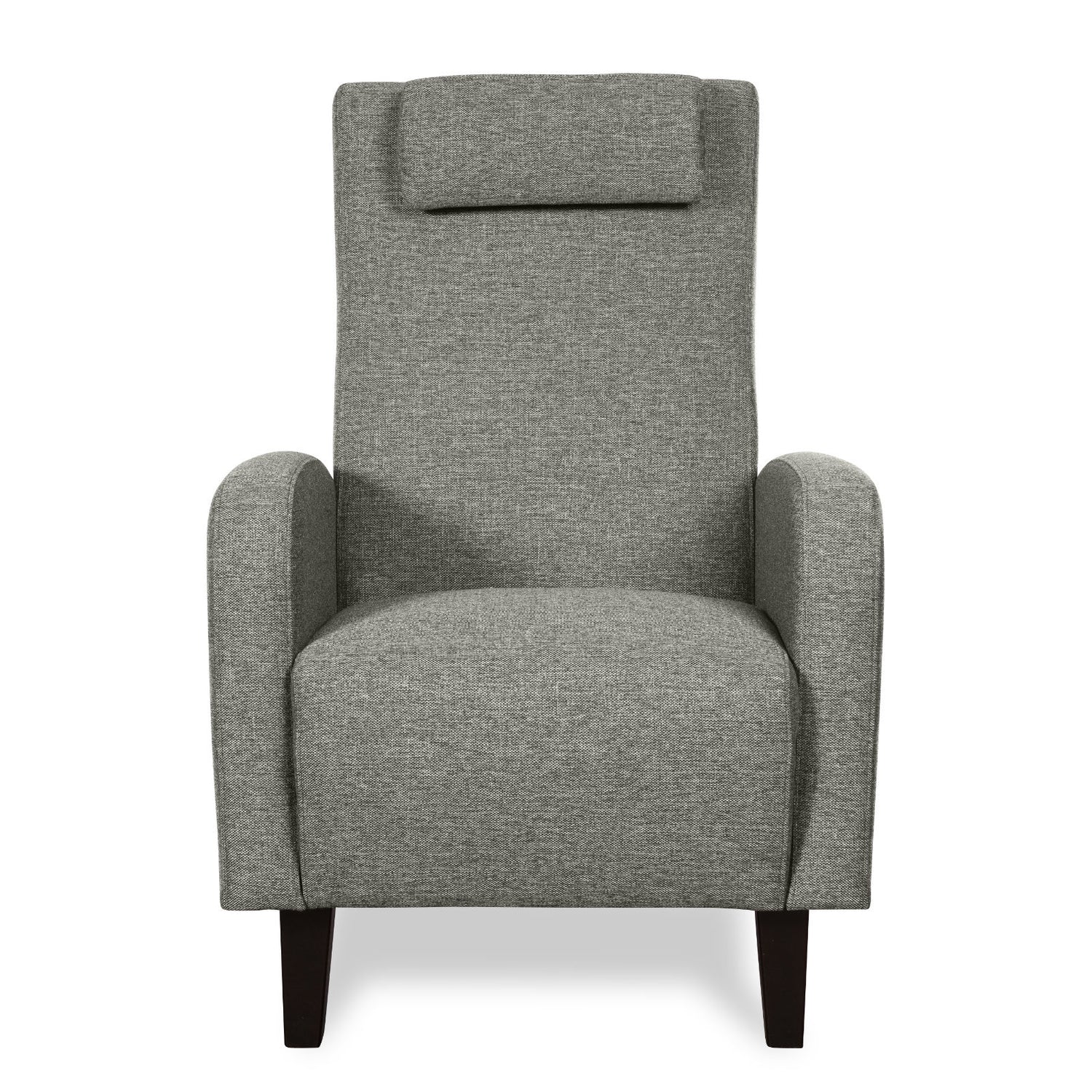 Claudia-lepotuoli tummemman harmaalla Suma 7 -kankaalla ja wengen värisillä puujaloilla.