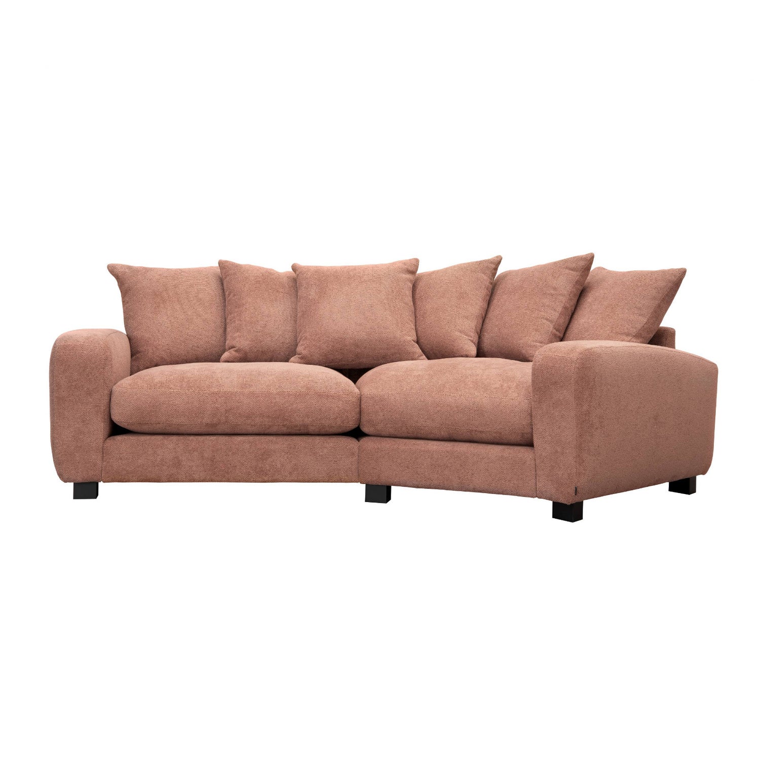 Delight kulmasohva, kaareva, käsinojat Casual - verhoiltuna poltetun roosanvärisellä Macan Blush -kankaalla. Mustat puujalat.