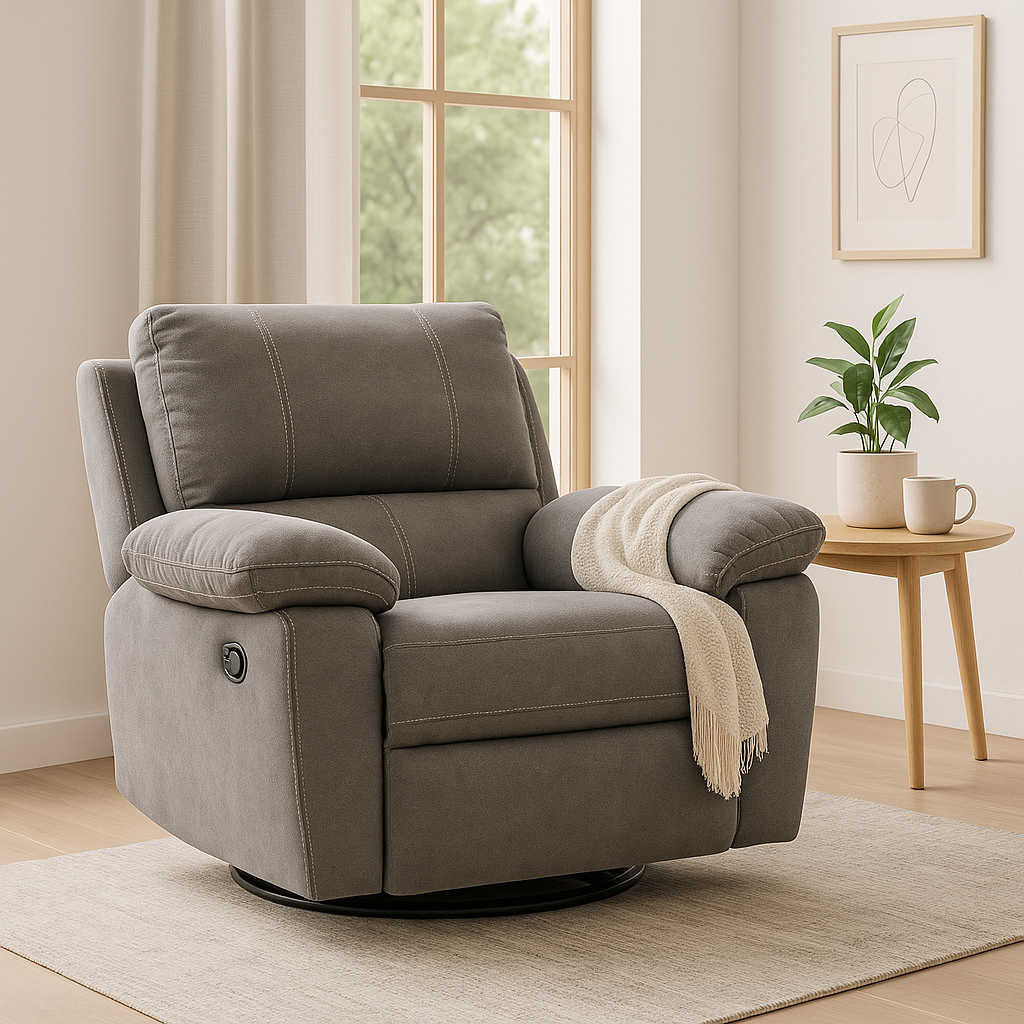 Denver-nojatuoli harmaalla kangasverhoilulla. Kuva tuotettu tekoälyä apuna käyttäen.