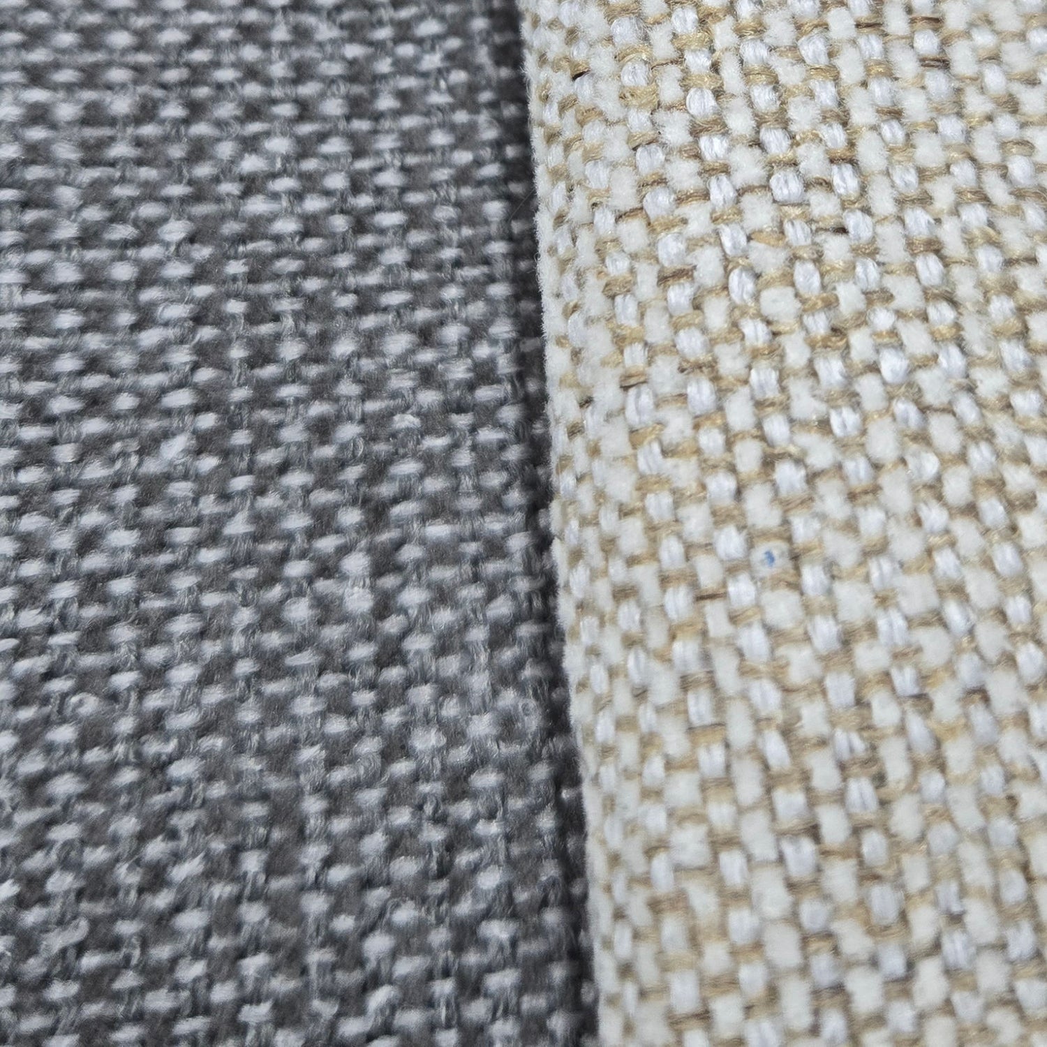 Lähikuvassa Dover-mekanismimalliston harmaa ja beige kangasverhoilu.