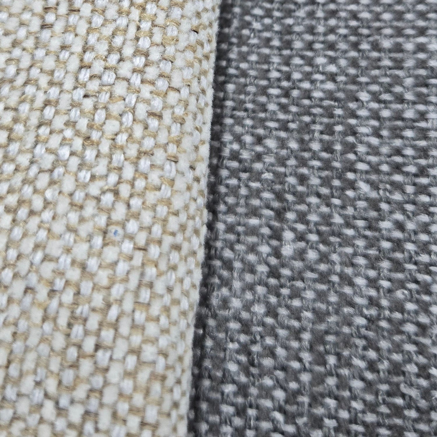 Lähikuvassa Dover-mekanismimalliston harmaa ja beige kangasverhoilu.