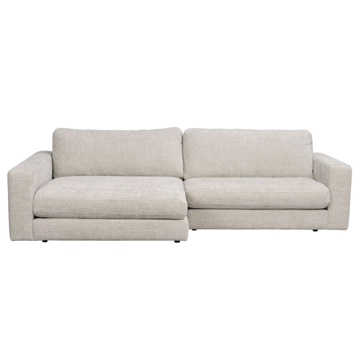 Duncan 3-istuttava sohva Robin Light grey (#1)-kankaalla. Divaaniosa vasemmalla.