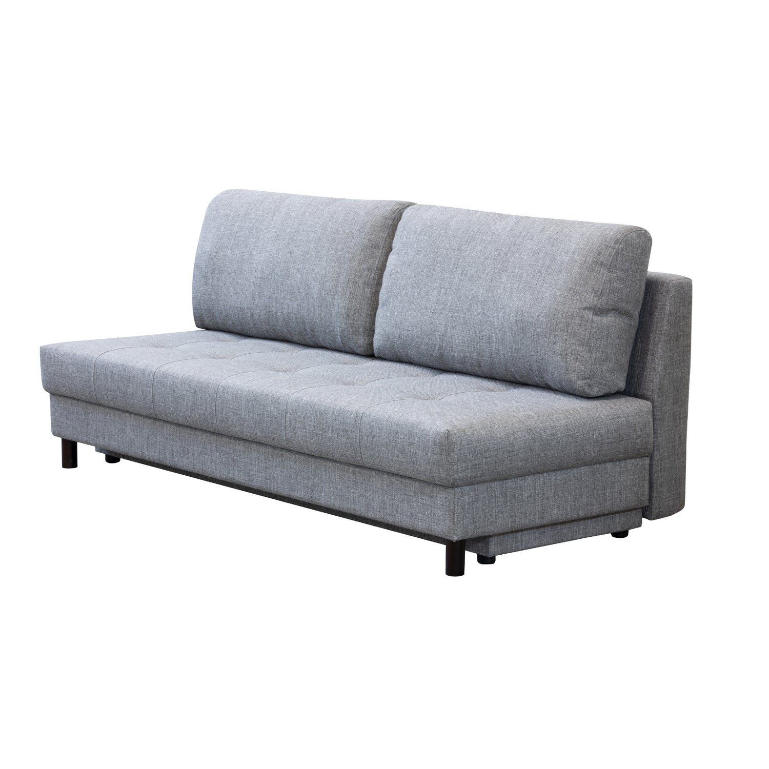 Dune-vuodesohva on verhoiltu harmaalla Tuuru Basic-kankaalla (JG04, GRI 489). Vuodesohvassa on mustat pyöreät puujalat ja vuodevaatelaatikko.