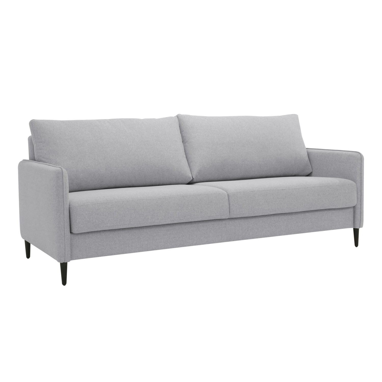 Duo Plus -vuodesohva vaaleanharmaalla Austin 18 -kangasverhoilulla ja wengen värisillä puujaloilla.