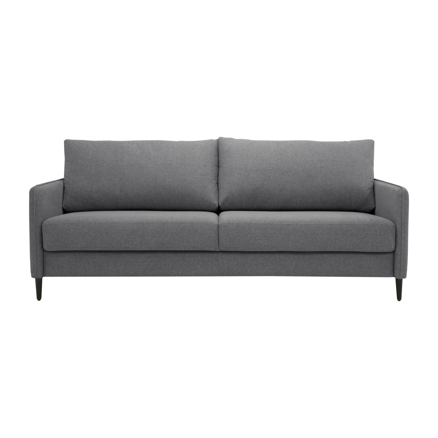 Duo Plus -vuodesohva tummanharmaalla Austin 19 -kangasverhoilulla ja wengen värisillä puujaloilla.