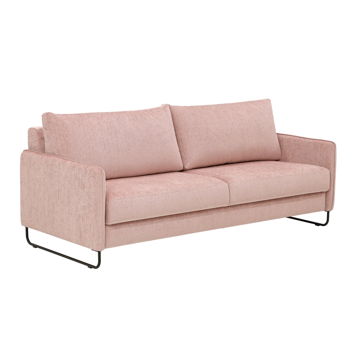 Duo Plus -vuodesohva roosanvärisellä Madras 503 -kangasverhoilulla ja mustilla metallijaloilla.