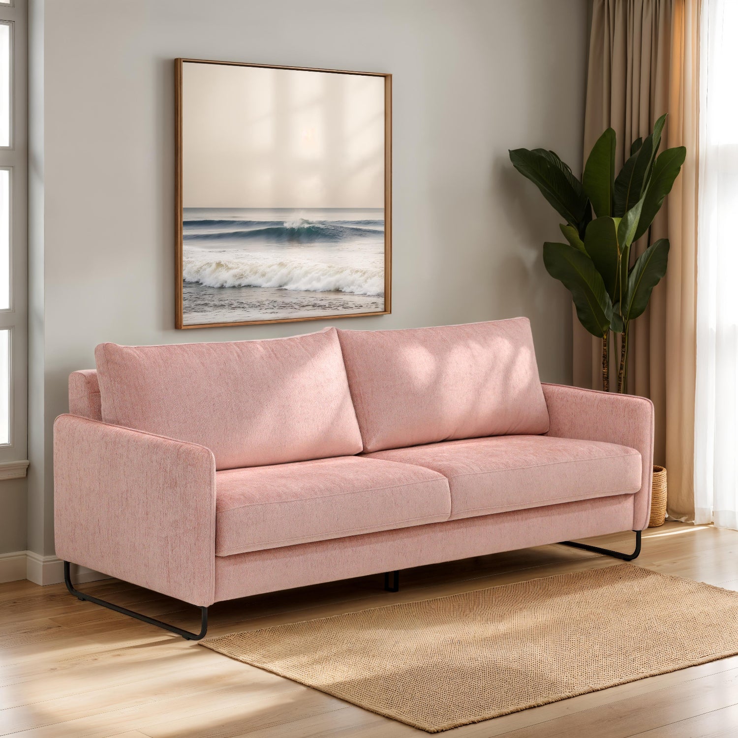 Kuvassa on Duo Plus -vuodesohva roosanvärisellä Madras 503 -kangasverhoilulla ja mustilla metallijaloilla.