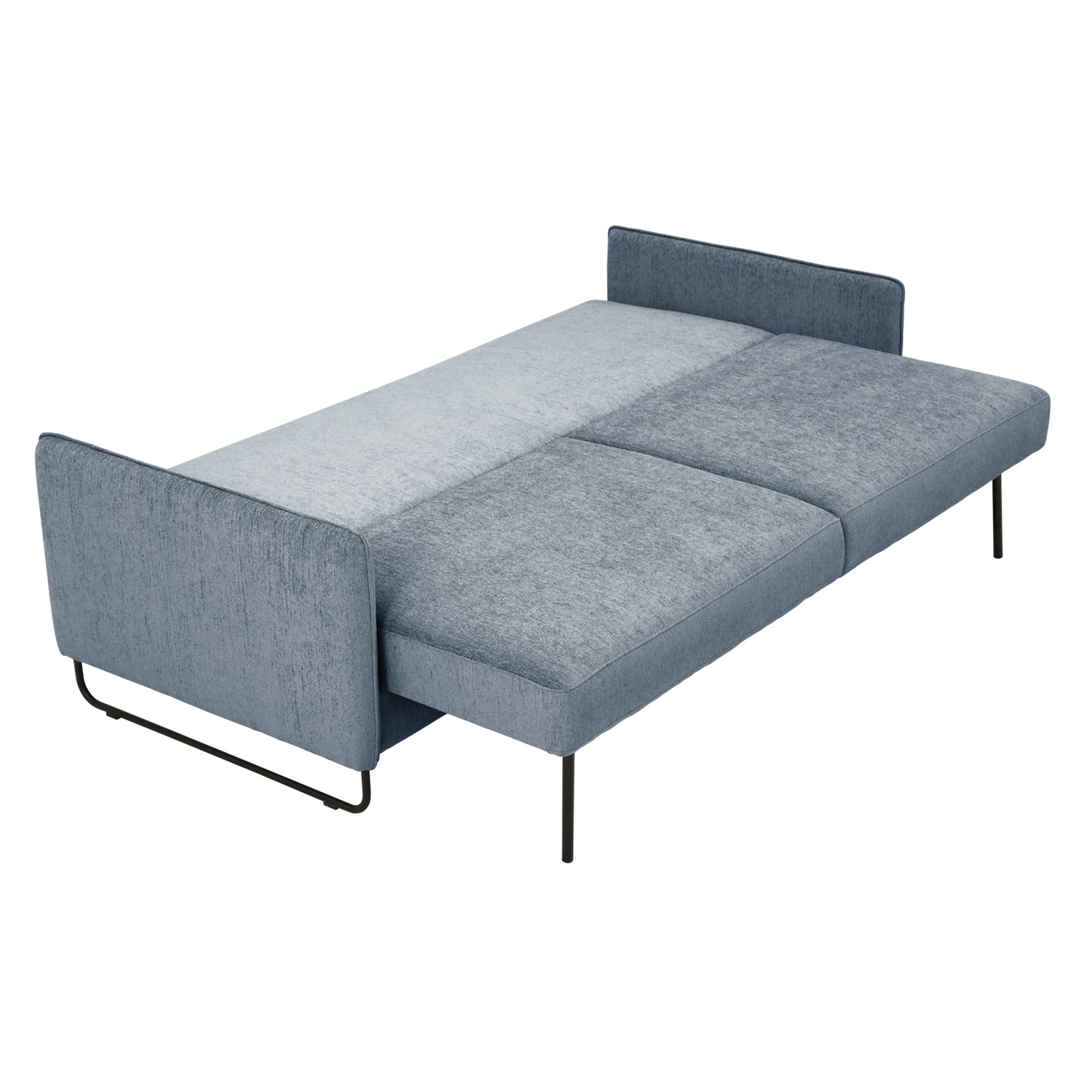 Kuvassa on Duo Plus -vuodesohva levitettynä vuoteeksi (mekanismissa mustat suorat metalliset jalat). Verhoiluna on sininen Madras 94 -kangasverhoilu ja sohvassa on mustat metalliset kelkkajalat.