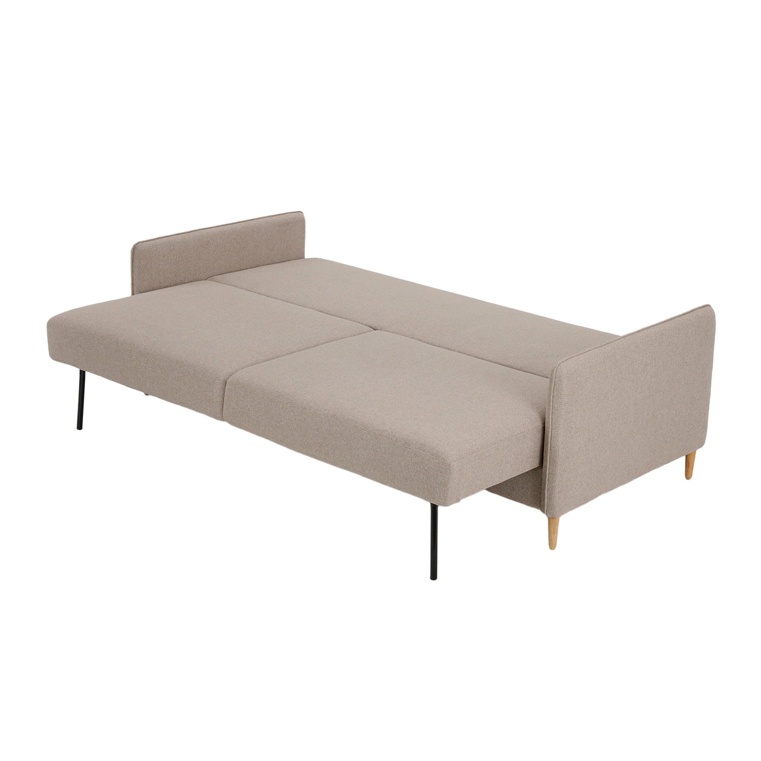 Duo Plus -vuodesohva vuoteeksi levitettynä - verhoiluna beige Oasis 02 -kangasverhoilu ja luonnonväriset koivujalat.