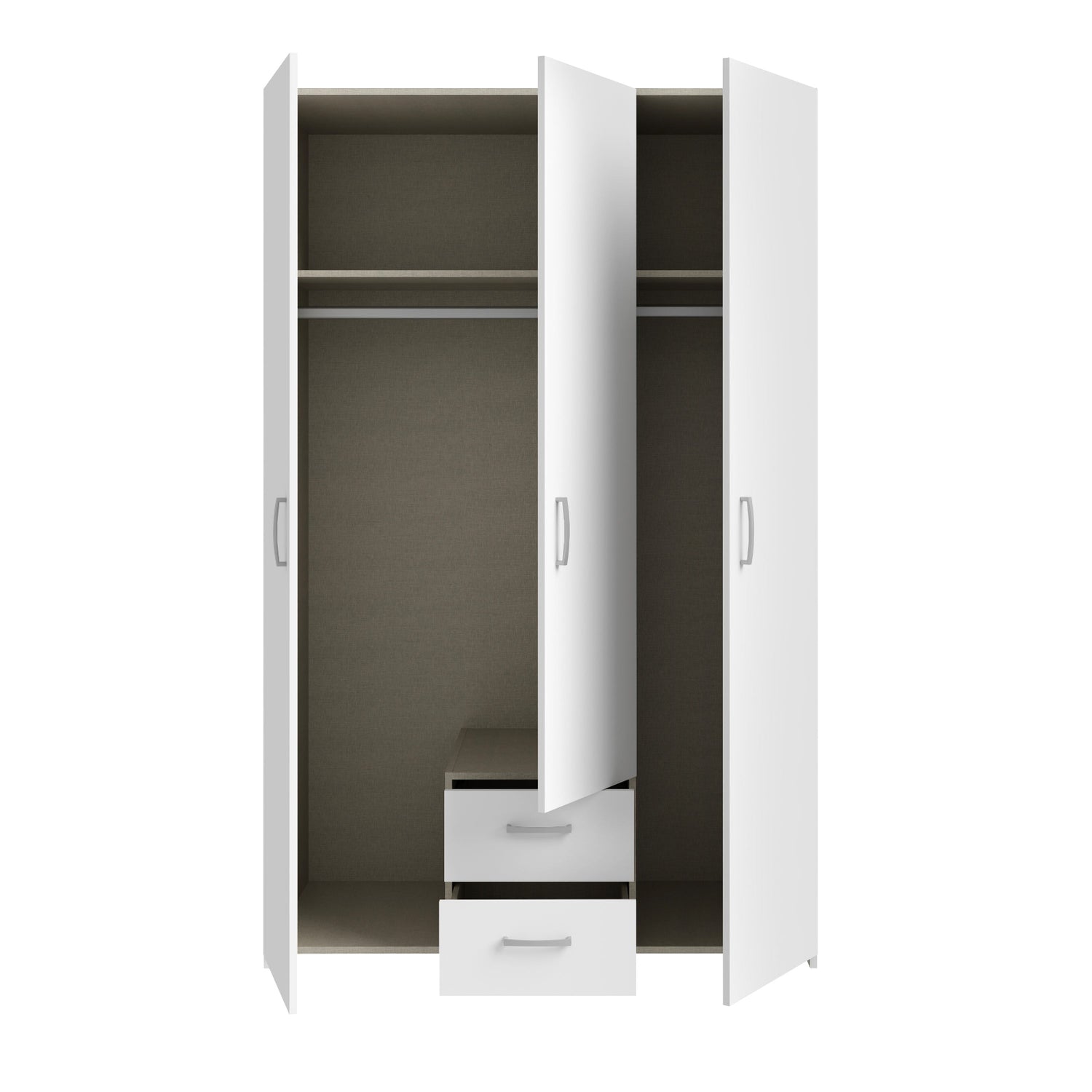 Kuvassa kokovalkoisen 3-ovisen/2-laatikkoisen Kira-komeron sisätilat. Vasemmanpuoleinen tuplaovikaappi laatikostolla on oikeanpuoleista kaappia leveämpi. Molemmissa kaapeissa on hattuhylly ja rekkitanko. Kaapin sisus on väriltään harmaata kangasjäljitelmää ja vetimet ovat alumiinin väriset.