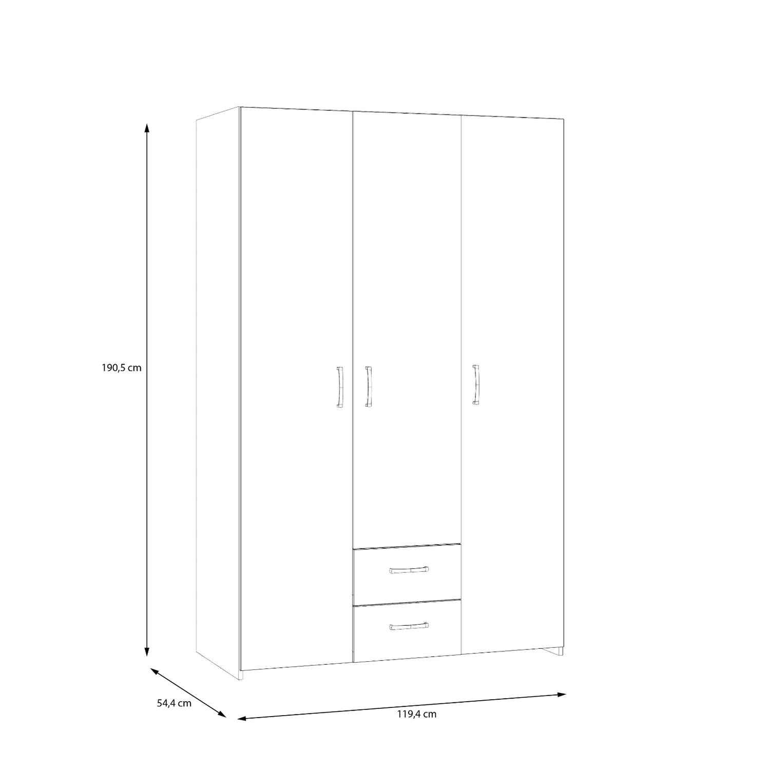 Kuvassa on kokovalkoisen 3-ovisen Kira-komeron ulkomitat.