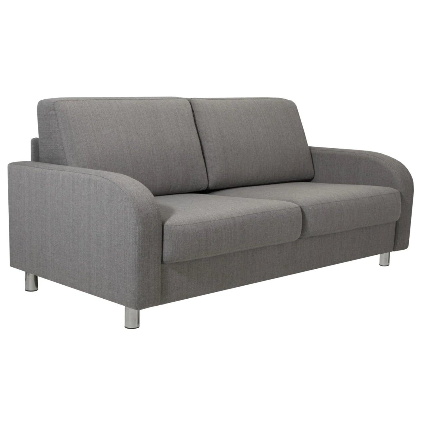 Elina-vuodesohva harmaalla Sublim 52 -kankaalla. Sohvassa on 10 cm korkeat metalliset putkijalat.