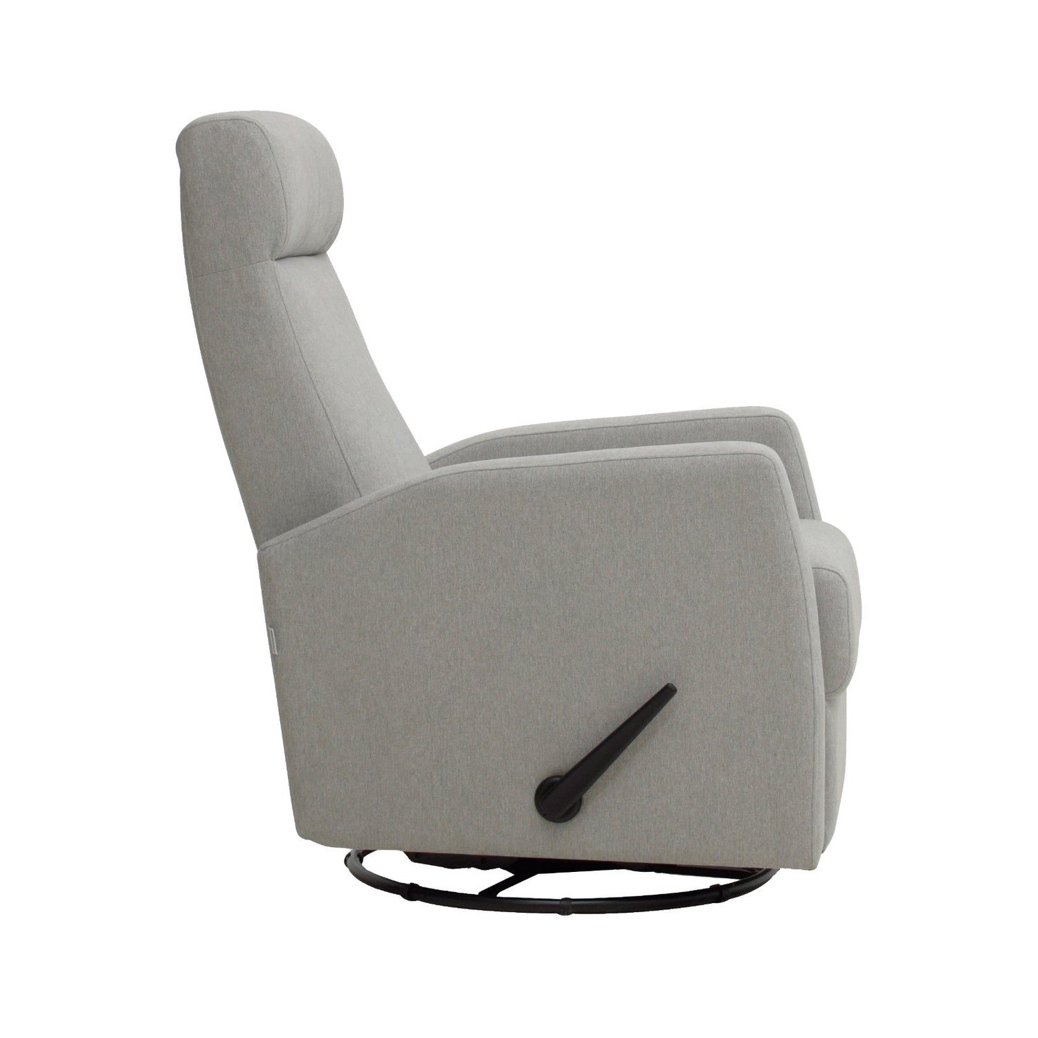 Elise-reclinertuoli vaaleanharmaalla Genova 84 -verhoilukankaalla. Elise-lepotuoli on malliltaan siro ja kapea reclinertuoli pyörintä- ja keinuntamekanismeilla. Kuvassa näkyvästä kahvasta tuolin selkänoja kallistuu, sekä jalkarahi nousee ylös.