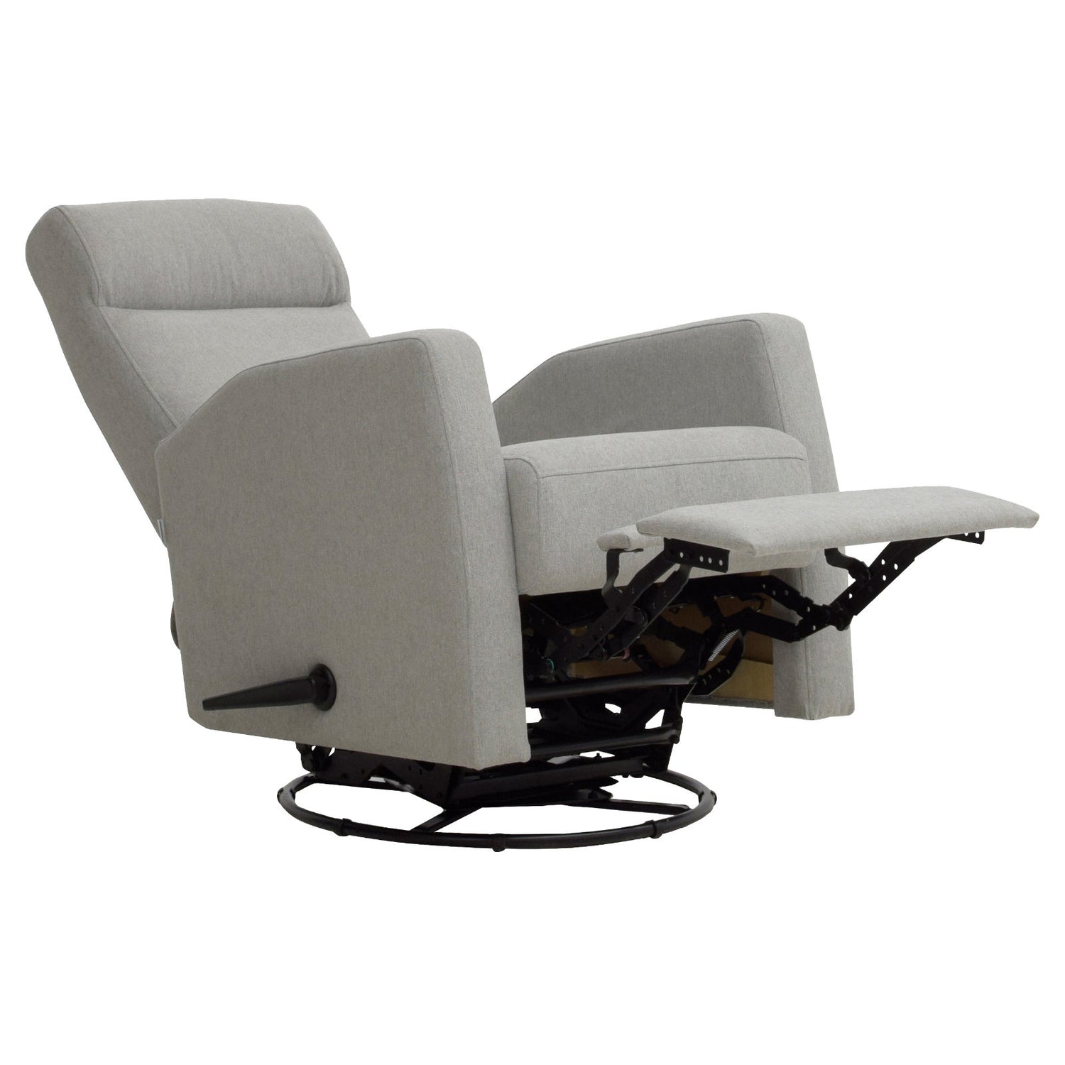 Elise-reclinertuoli vaaleanharmaalla Genova 84 -verhoilukankaalla. Kuvan lepotuolissa on mekanismi avattuna, jolloin selkänoja kallistuu ja jalkarahi nousee. Mekanismiominaisuuksia käytetään kuvassa näkyvällä kahvalla.