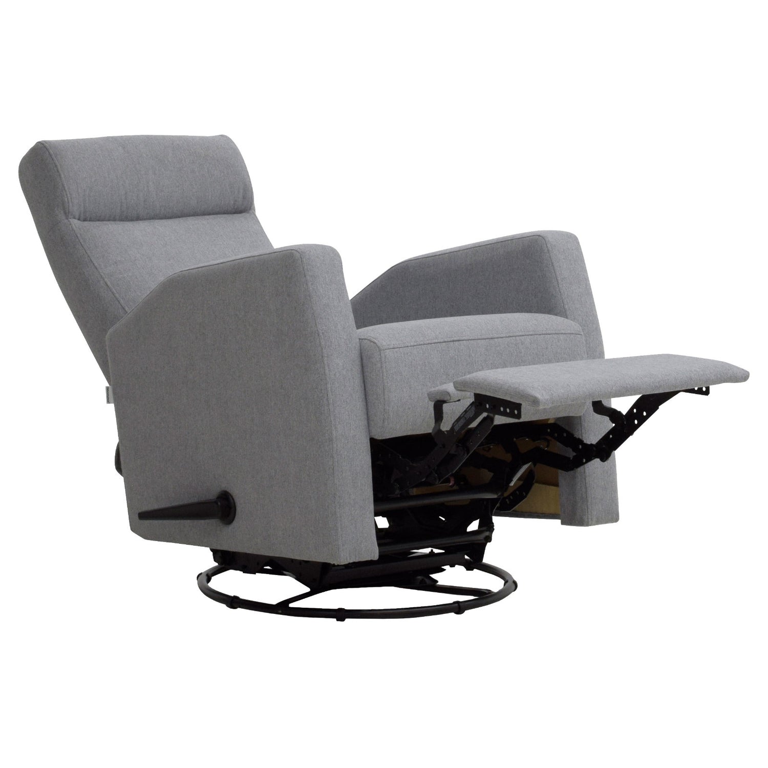 Elise-reclinertuoli harmaalla Genova 88 -verhoilukankaalla. Kuvan lepotuolissa on mekanismi avattuna, jolloin selkänoja kallistuu ja jalkarahi nousee. Mekanismiominaisuuksia käytetään kuvassa näkyvällä kahvalla.