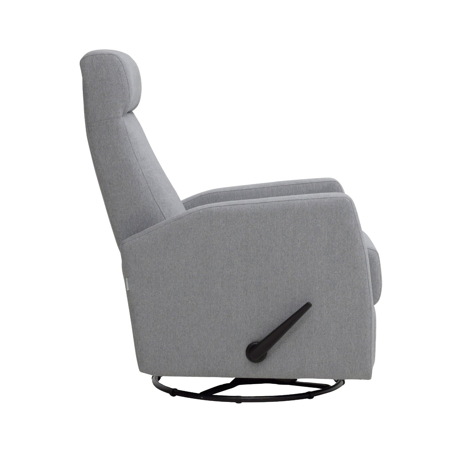 Elise-reclinertuoli harmaalla Genova 88 -verhoilukankaalla. Elise-lepotuoli on malliltaan siro ja kapea reclinertuoli pyörintä- ja keinuntamekanismeilla. Kuvassa näkyvästä kahvasta tuolin selkänoja kallistuu, sekä jalkarahi nousee ylös.