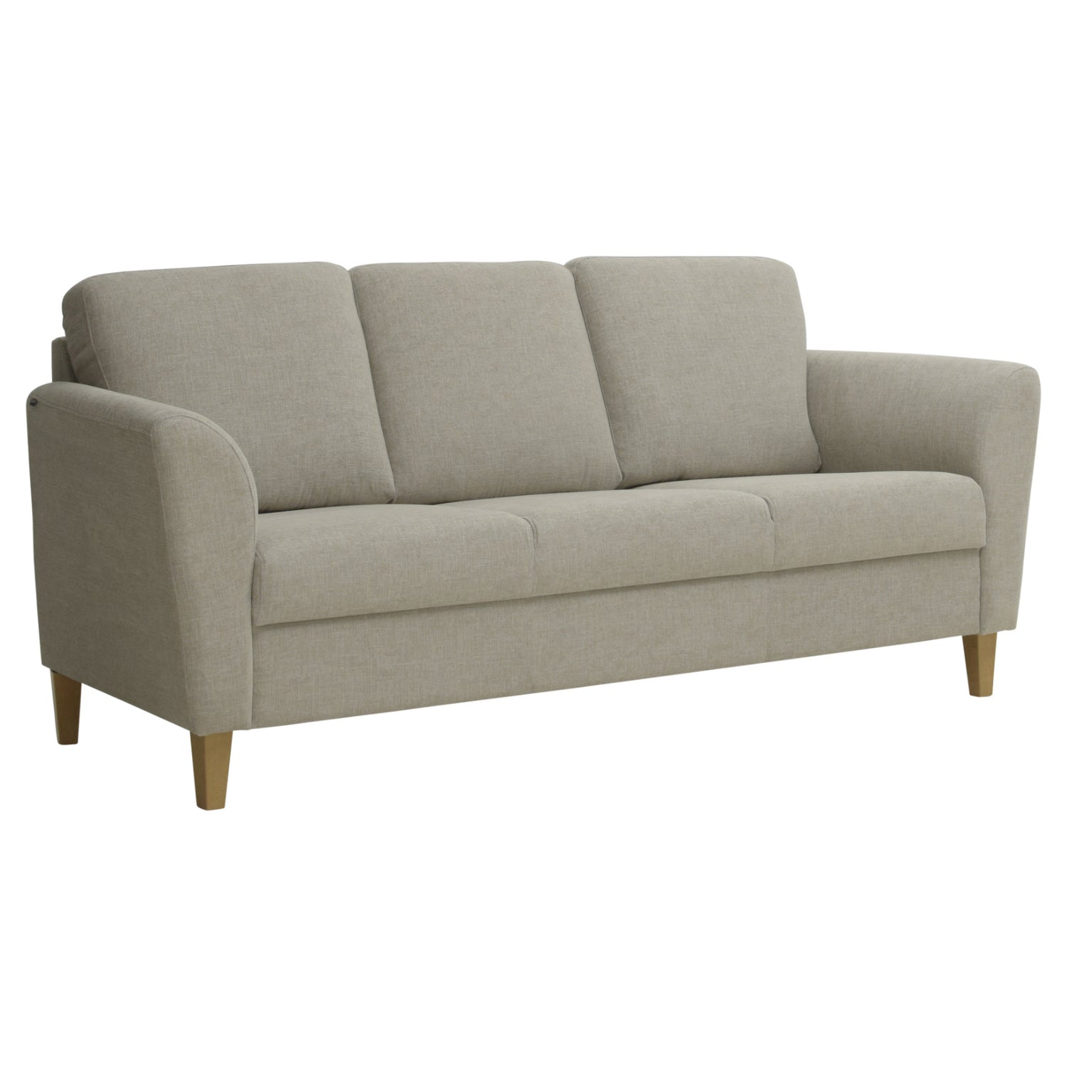 3-istuttava Ella-sohva vaalean hiekanvärisellä Manhattan 891 -kangasverhoilulla ja tammenvärisillä koivujaloilla.