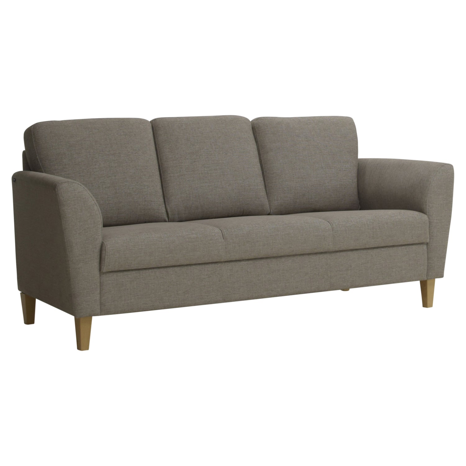 3-istuttava Ella-sohva harmaanruskealla Manhattan 893 -kangasverhoilulla ja tammenvärisillä koivujaloilla.