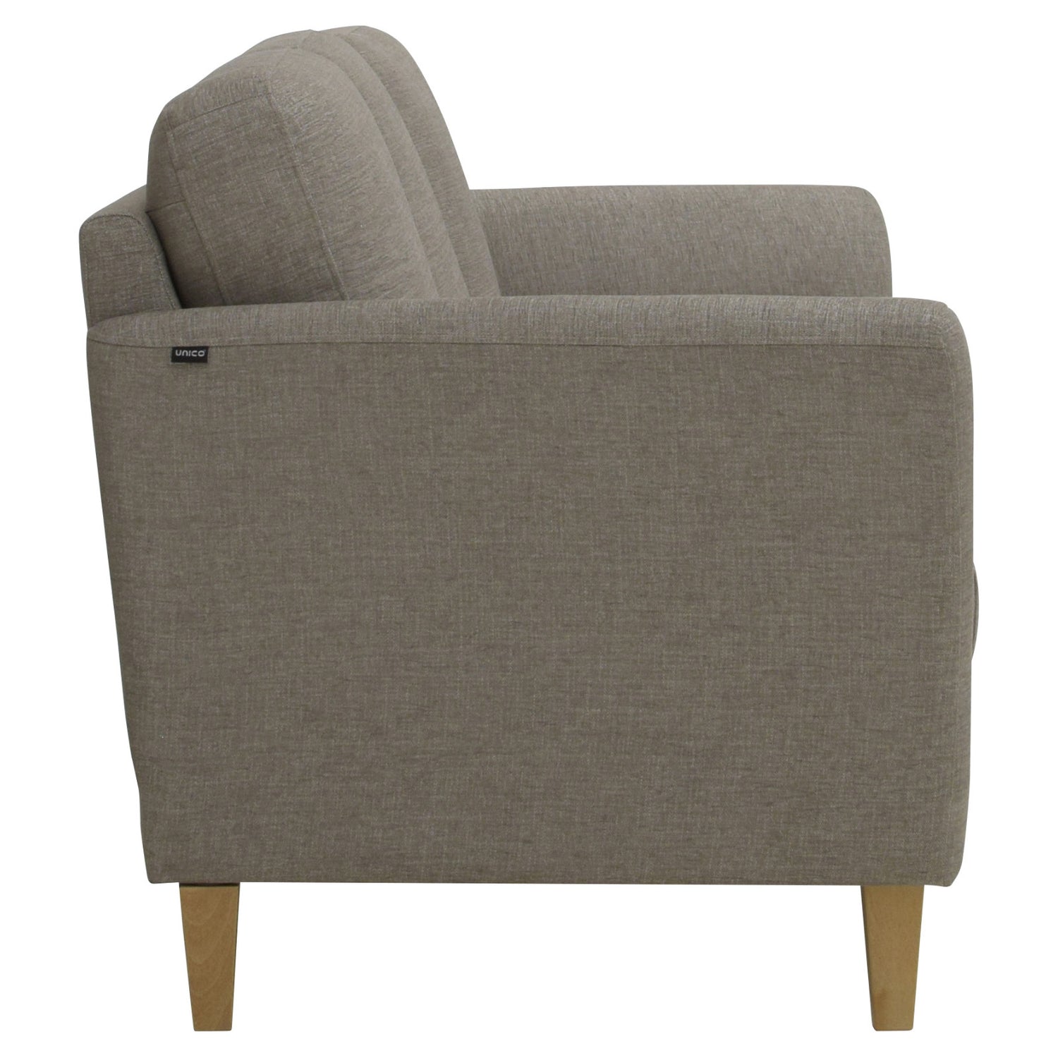 3-istuttava Ella-sohva harmaanruskealla Manhattan 893 -kangasverhoilulla ja tammenvärisillä koivujaloilla.