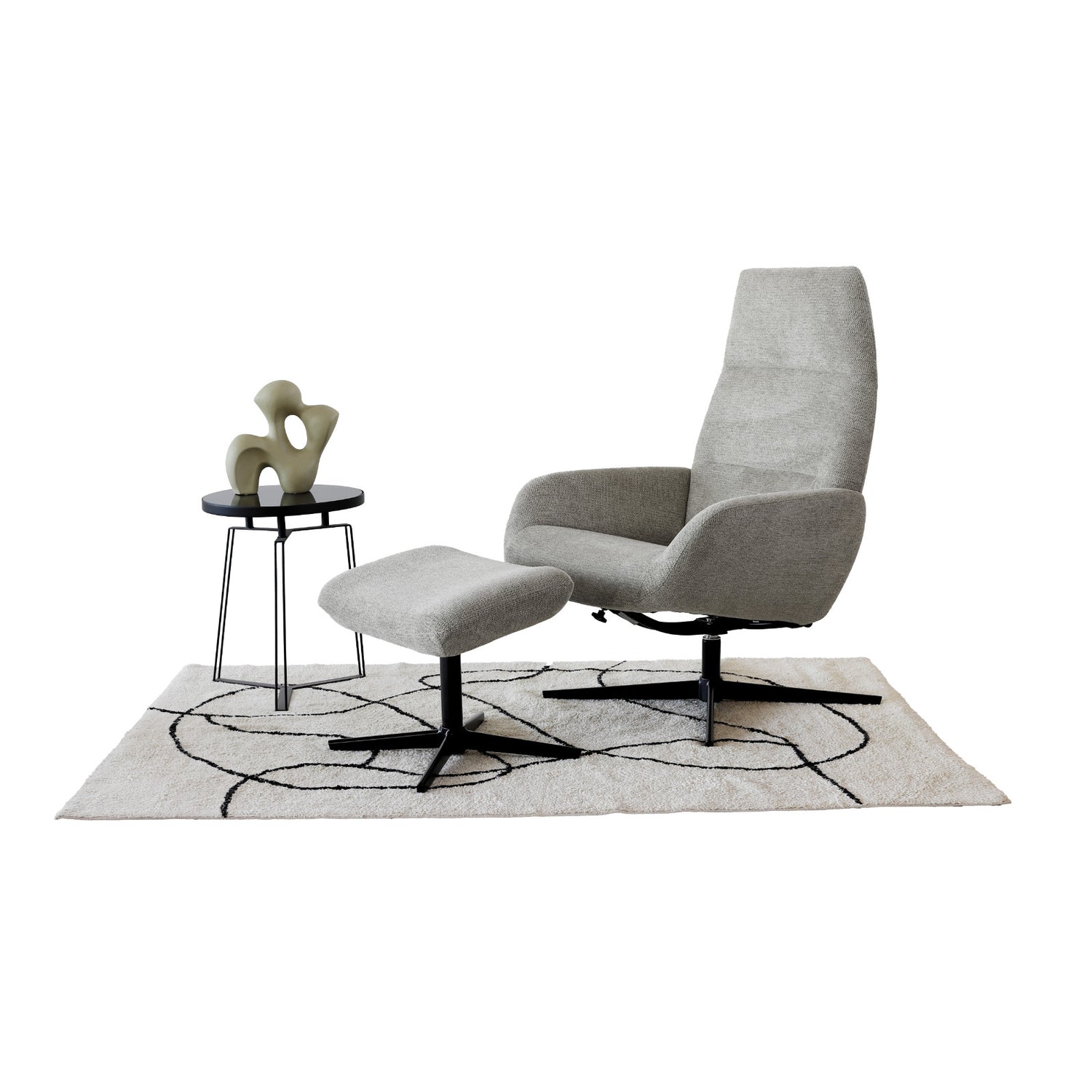 Kuvassa on Kebe Ergo -nojatuoli luonnonvaalealla Mito Natural -kangasverhoilulla ja mustalla Bossa Flat -jalalla. Kuvan rahi ei sisälly hintaan - myydään erikseen.