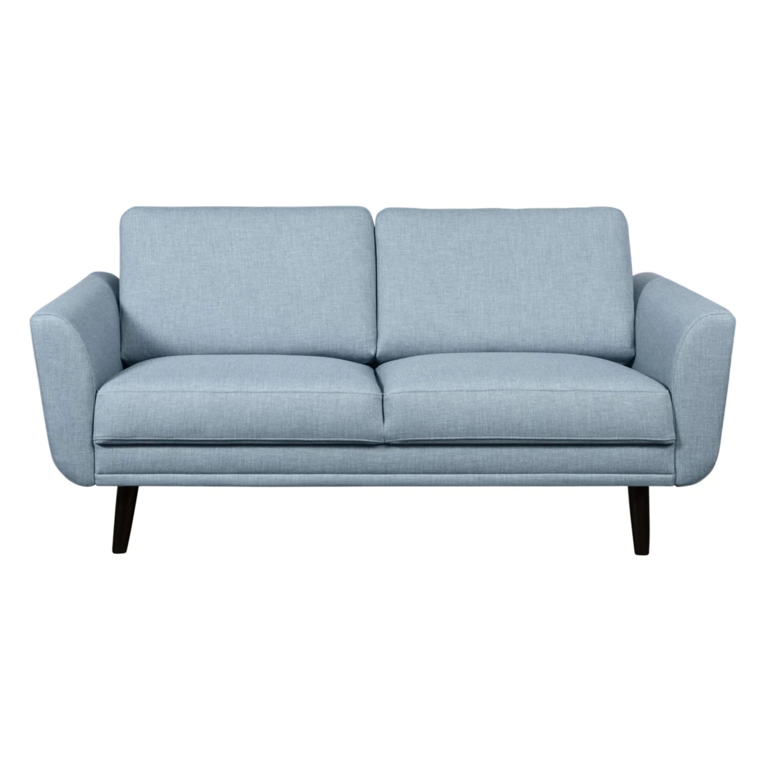 2 hengen Finby-sohva Lido Trend 103 -kankaalla ja wengen värisillä puujaloilla.