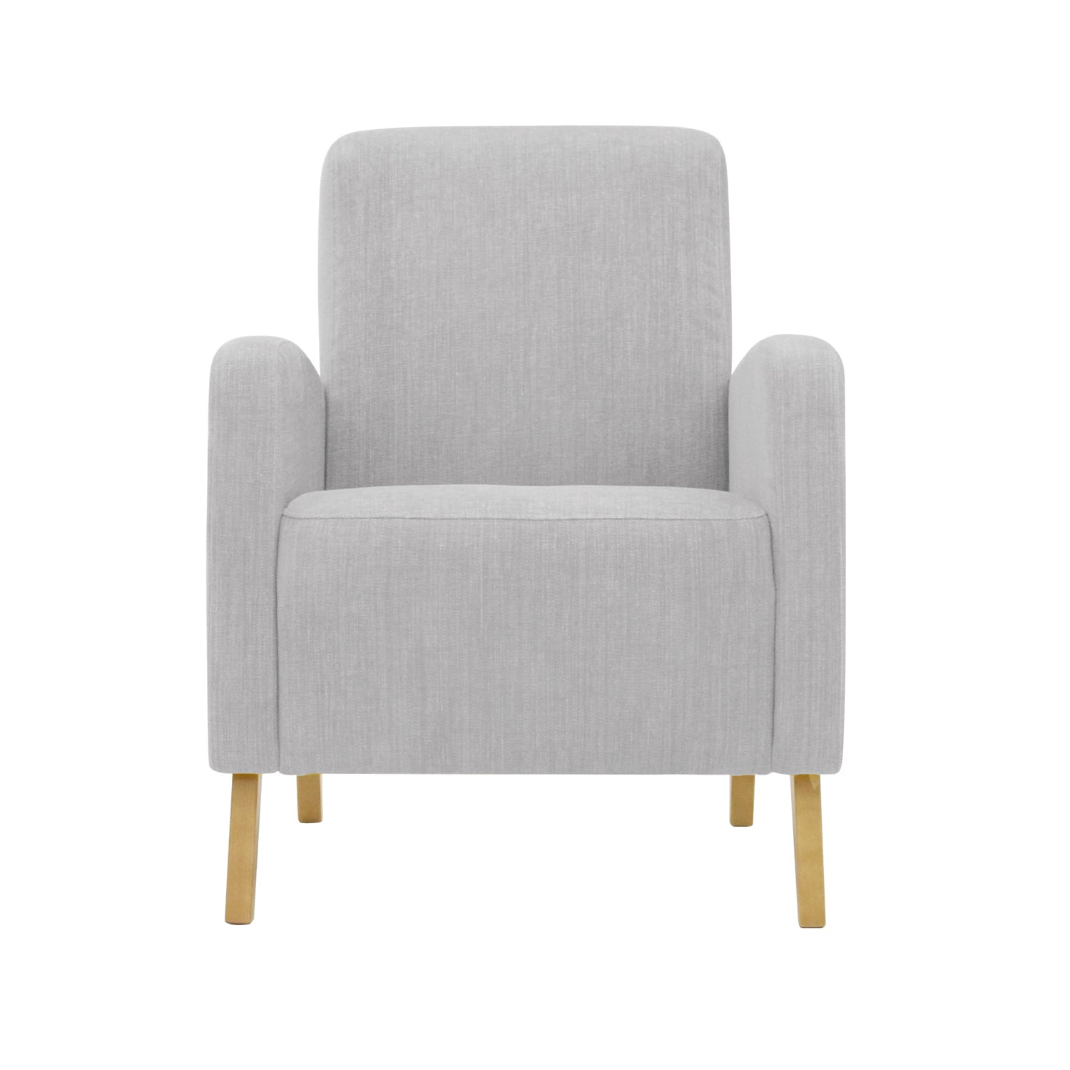 Fanni-nojatuoli hopean värisellä Naomi 112 -verhoilukankaalla ja luonnonvärisillä tammijaloilla.