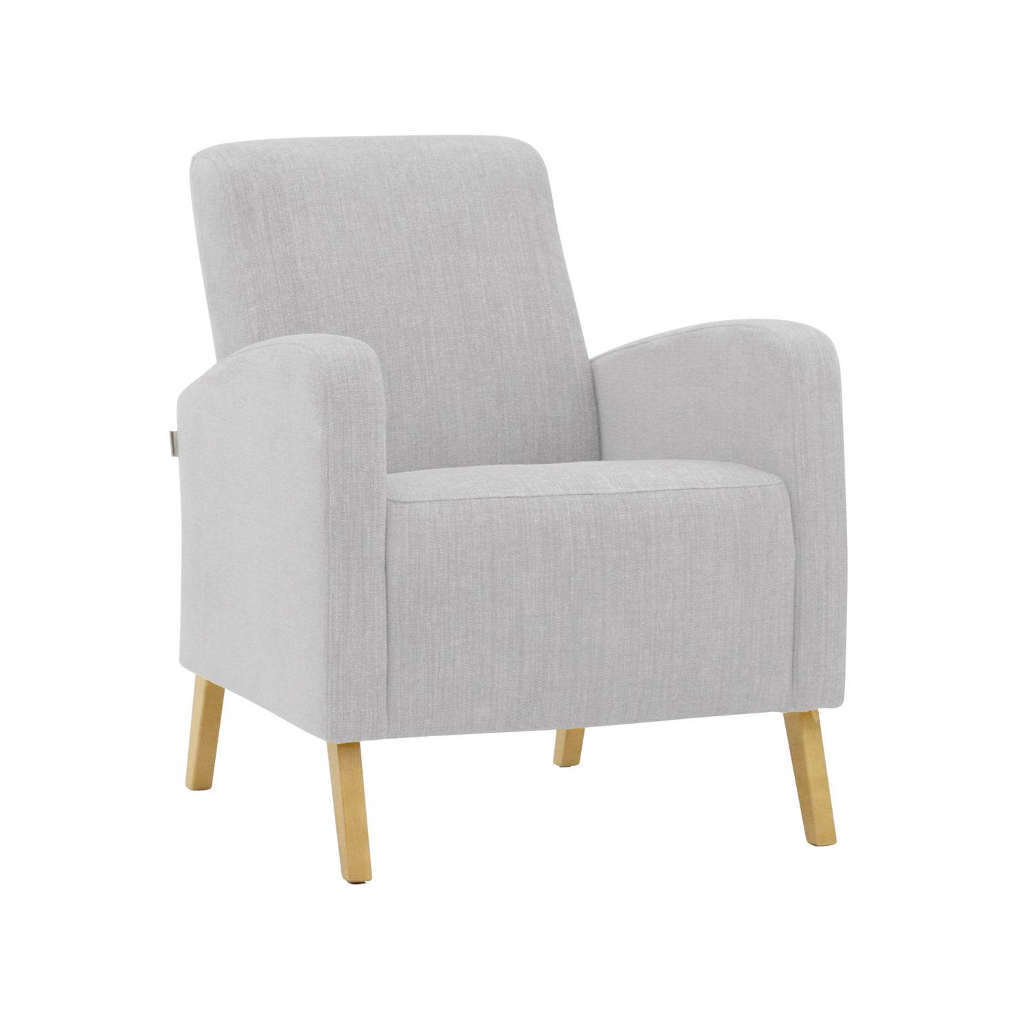 Fanni-nojatuoli hopean värisellä Naomi 112 -verhoilukankaalla ja luonnonvärisillä tammijaloilla.