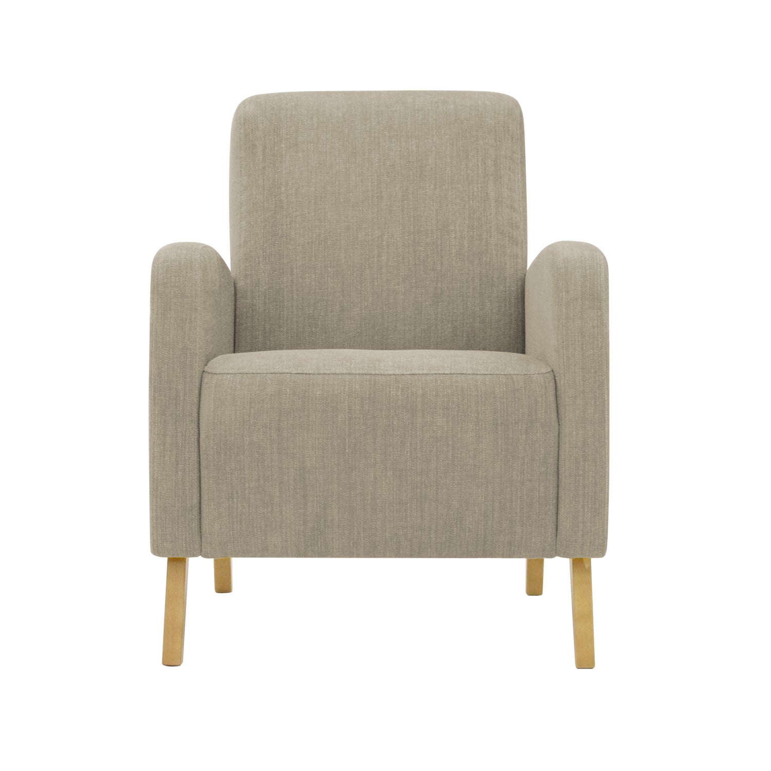 Fanni-nojatuoli hiekan värisellä Naomi 430 -verhoilukankaalla ja luonnonvärisillä tammijaloilla.