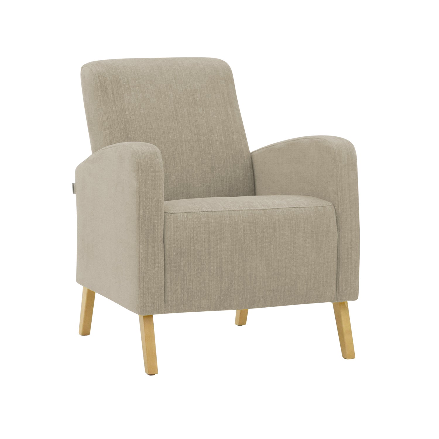 Fanni-nojatuoli hiekan värisellä Naomi 430 -verhoilukankaalla ja luonnonvärisillä tammijaloilla.