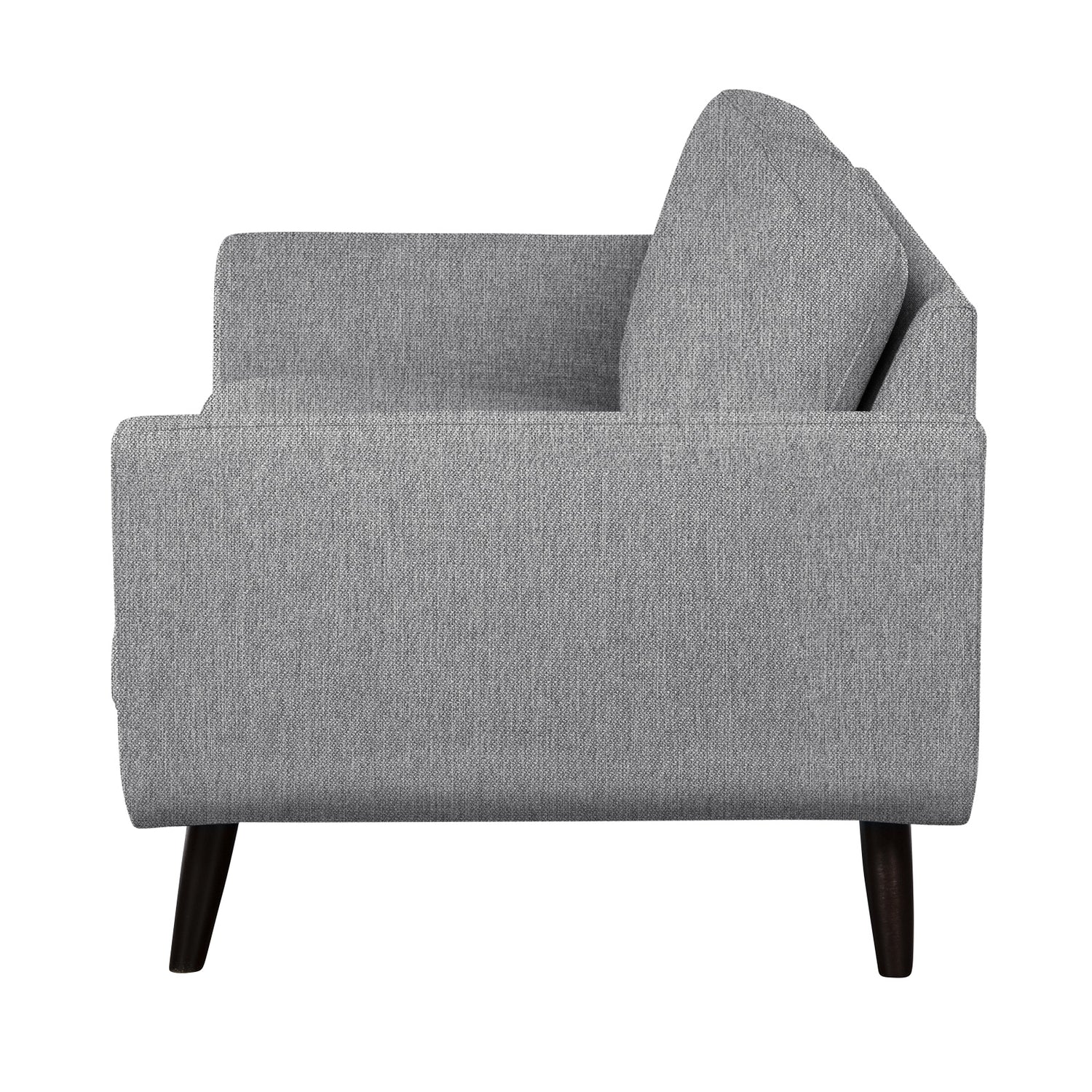 Finby-sohva harmaalla Sparr 770 -kankaalla ja wengen värisillä puujaloilla.