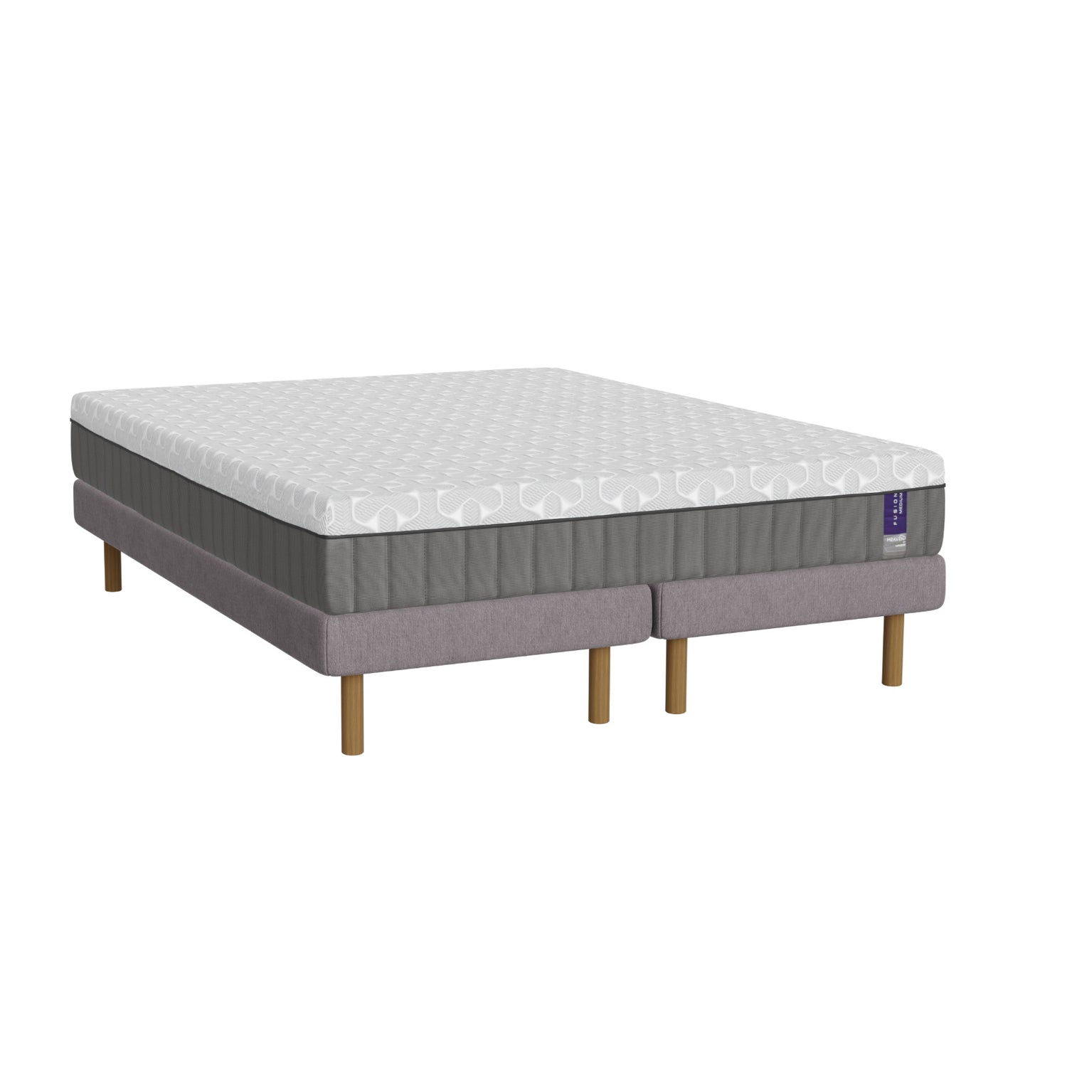 Harmaa Heaven By Unico Fusion -runkopatjapaketti 180 x 200 cm. Pakettiin kuuluu 2 kpl tukevaa 90 cm Lounge-vuoderunkoa, 180 cm Fusion Nano Cool™ memory foam patja sekä pyöreät tammen väriset jalat.
