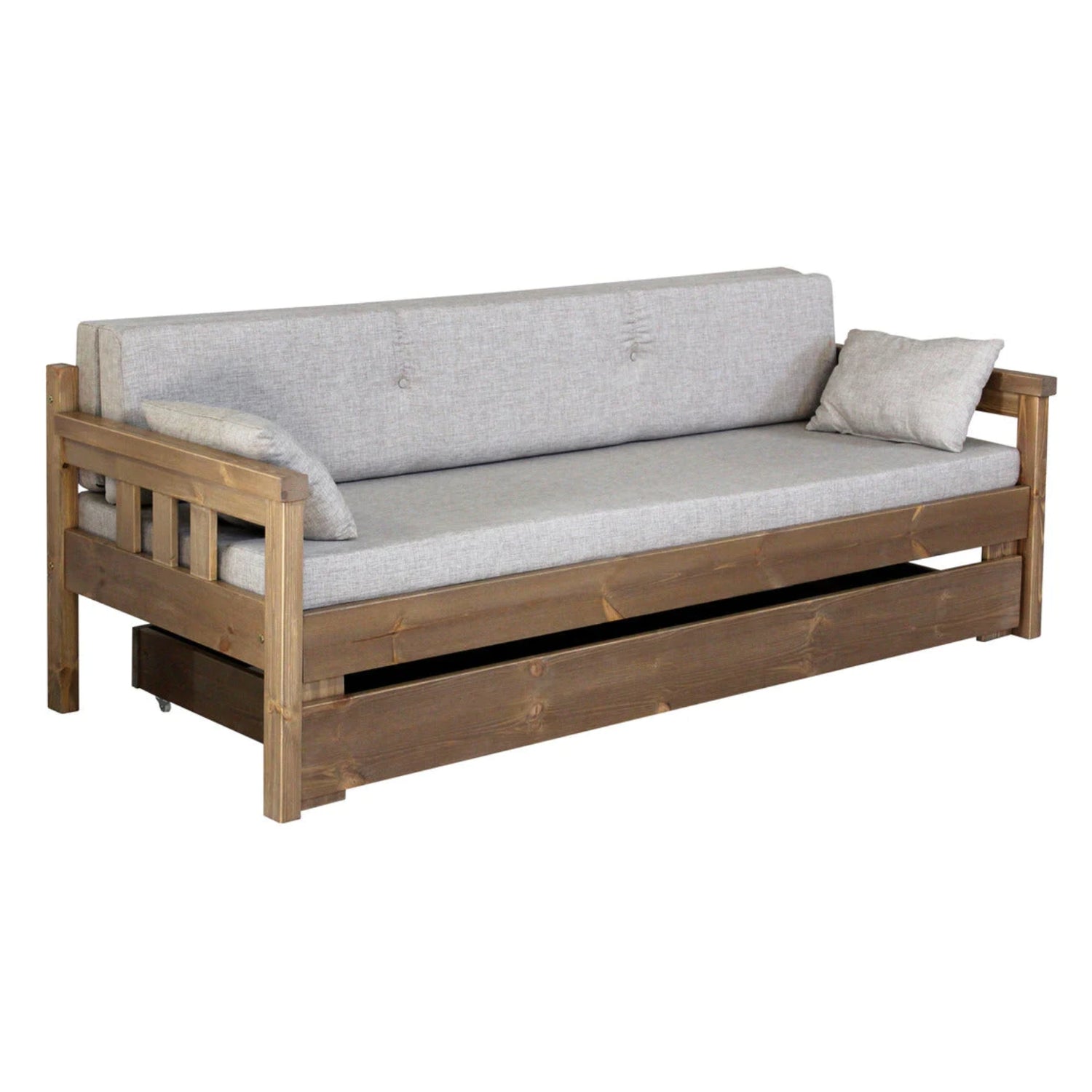 Antiikin ruskea Helena-puusohva ja beige Lars-kankainen patjasarja. Patjasarja ja vuodevaatelaatikko sisältyvät laveripakettiin.