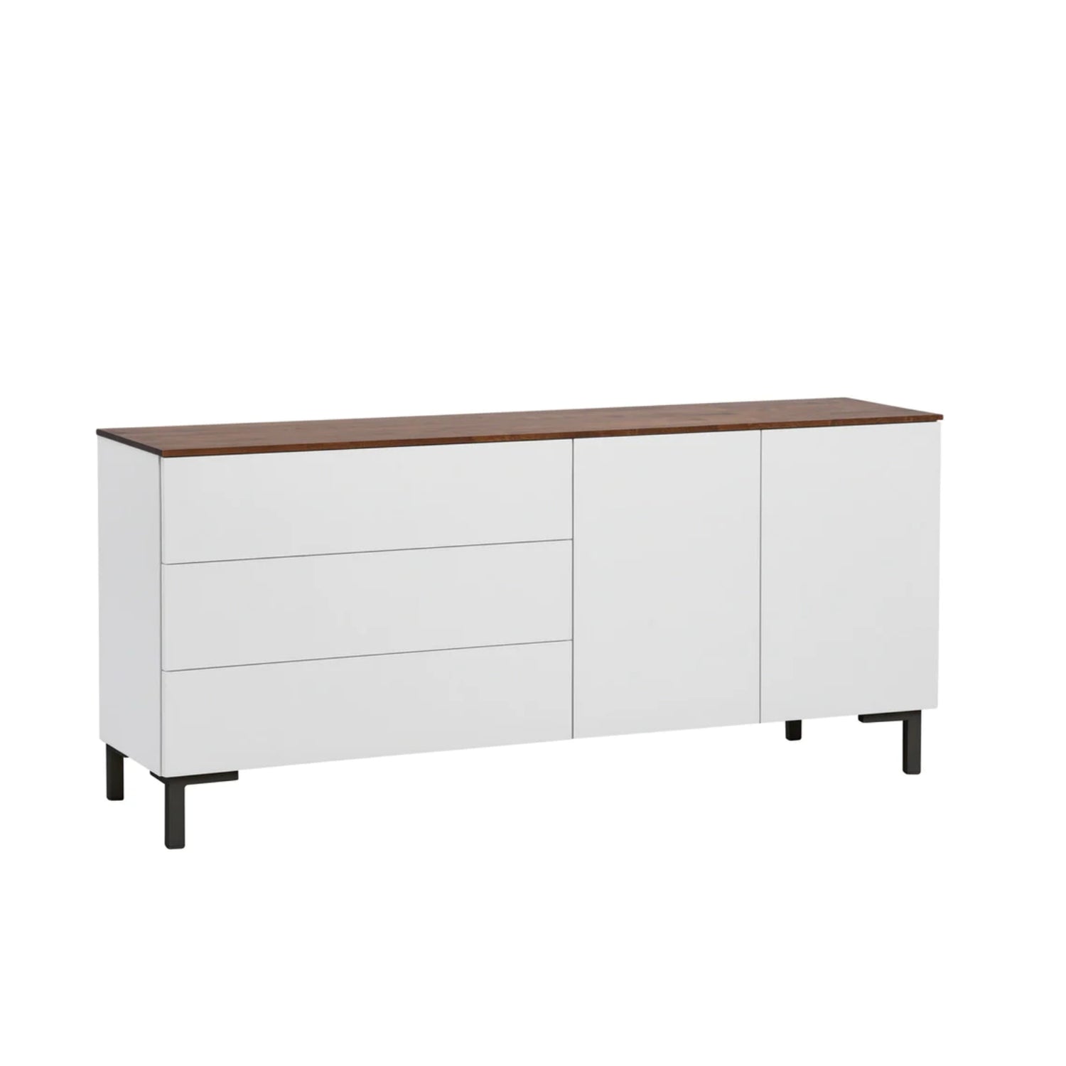 Helsinki-senkki pähkinänvärisellä kannella ja mustilla metallijaloilla, joiden korkeus on 12 cm. Senkin pääväri on valkoinen.