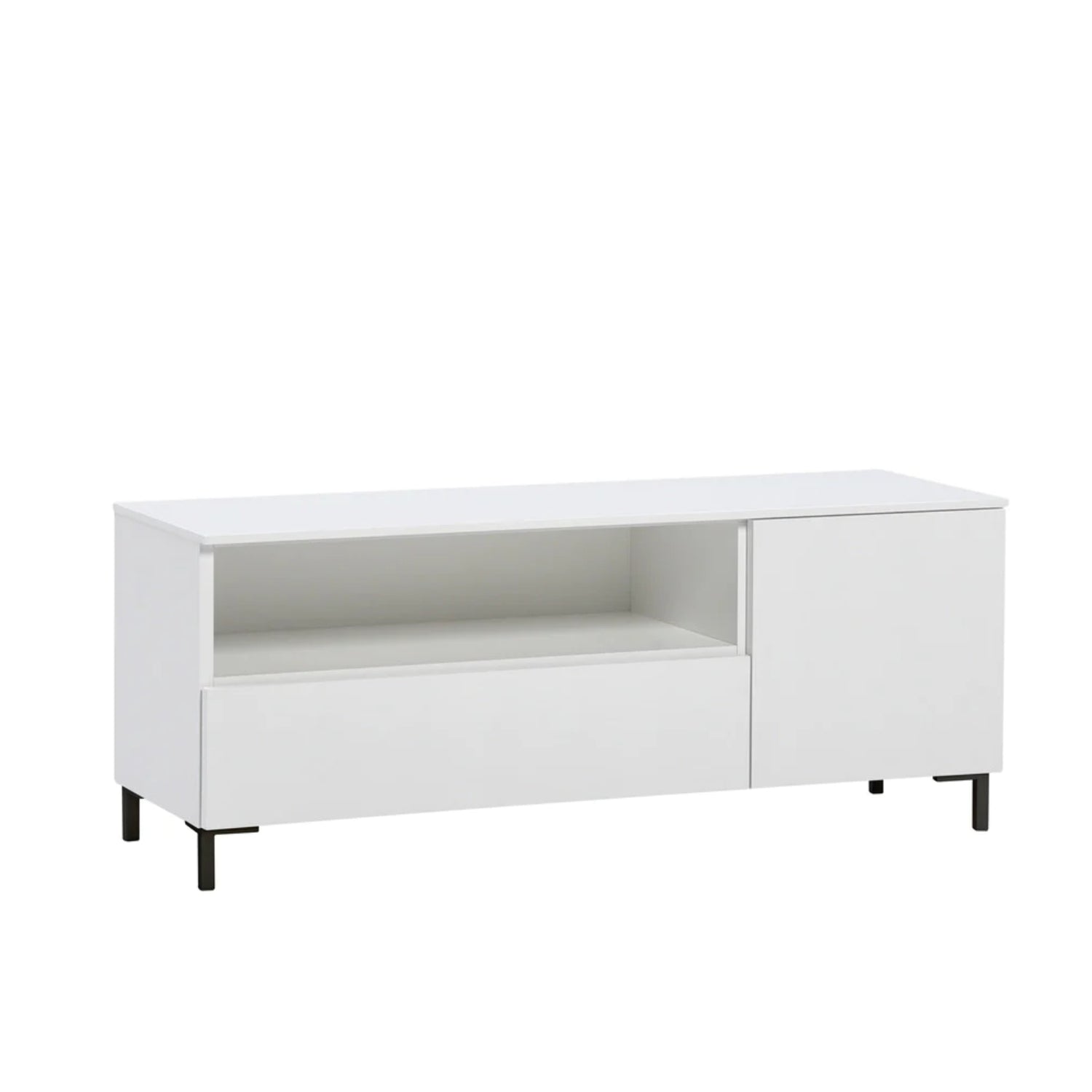 Valkoinen Helsinki-sarjan tv-taso mustilla 12 cm metallijaloilla.