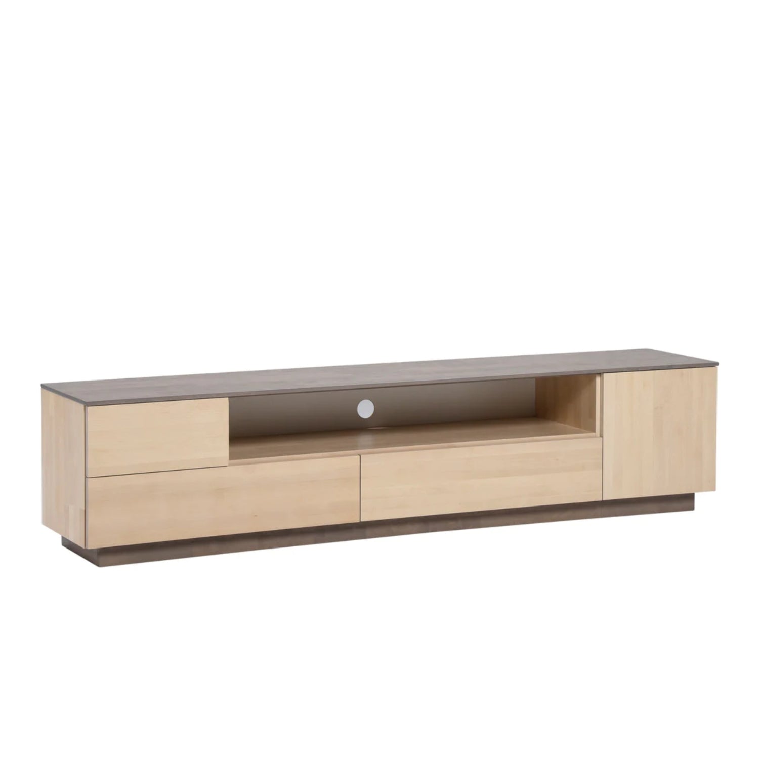 Helsinki-tv-taso harmaalla kannella ja sokkelilla, jonka korkeus on 6 cm. Tason pääväri on luonnonvärinen koivu.