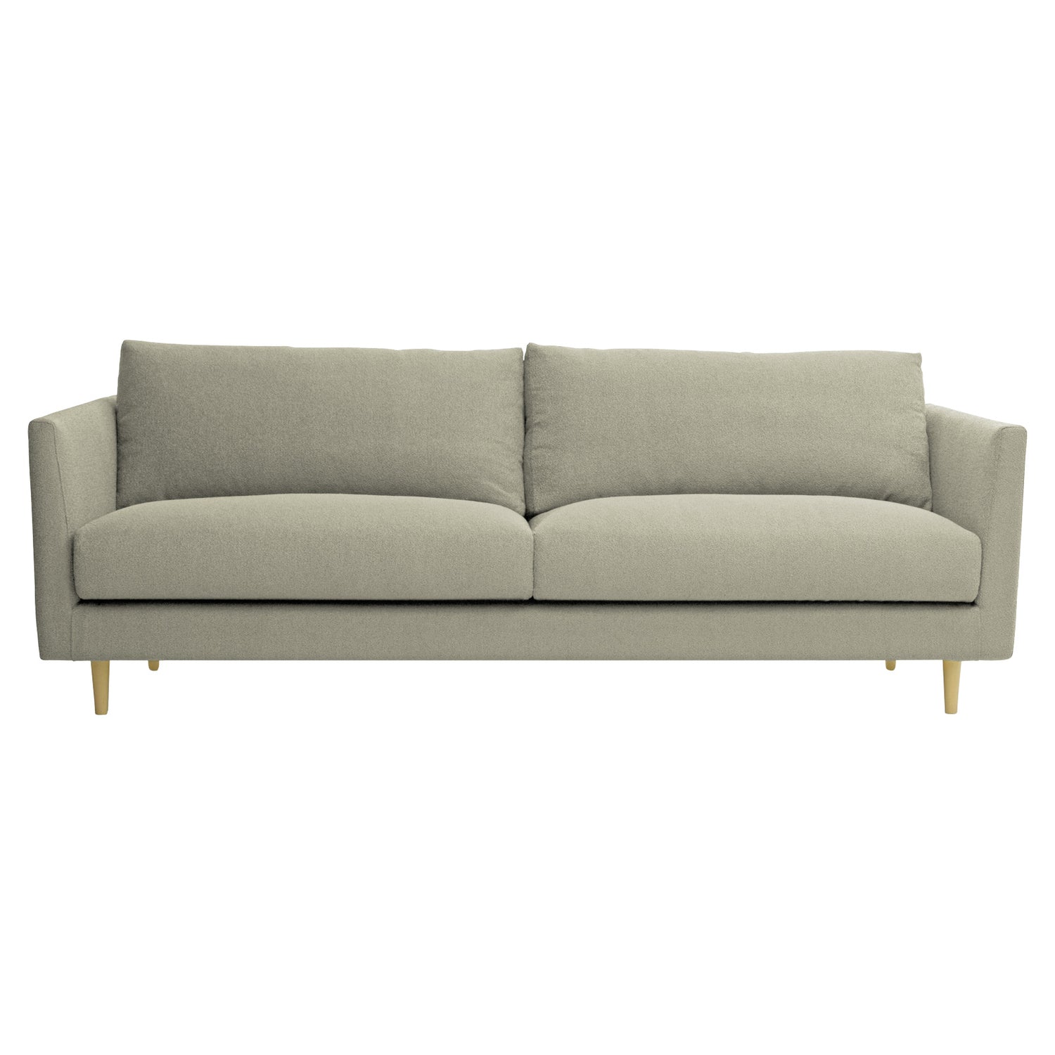 3-istuttava 252 cm Halla-sohva hiekan värisellä Bond 8 -kankaalla. Luonnonväriset 14 cm pyöreäkartiopuujalat.