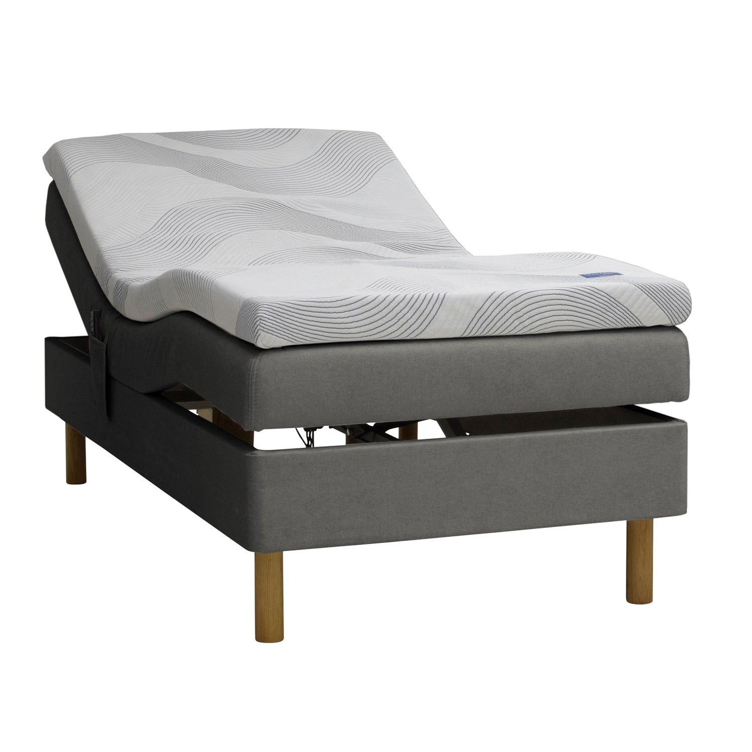 Kuvassa on musta Tunnel 19 -kangasverhoiltu Heaven By Unico Revive -moottorisänkypaketti. Pakettiin kuuluu Revive-säätörunko ja Revive 8 Nano Cool™-verhoiltu Memory -ergosijauspatja sekä pyöreät tammenväriset puujalat.