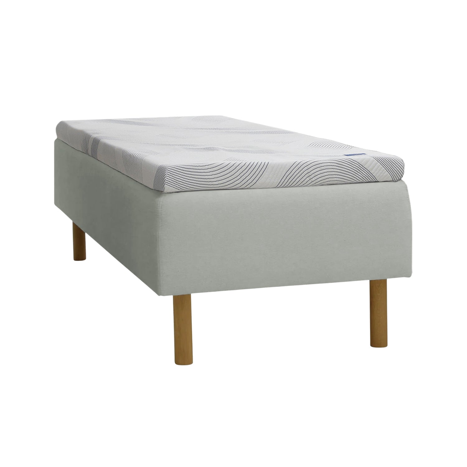 Kuvassa on harmaa Tunnel 17 -kangasverhoiltu Heaven By Unico Revive -runkosänkypaketti. Pakettiin kuuluu Revive-runkopatja ja yhtenäinen Revive 8 Nano Cool™-verhoiltu Memory -ergosijauspatja sekä pyöreät tammenväriset puujalat.