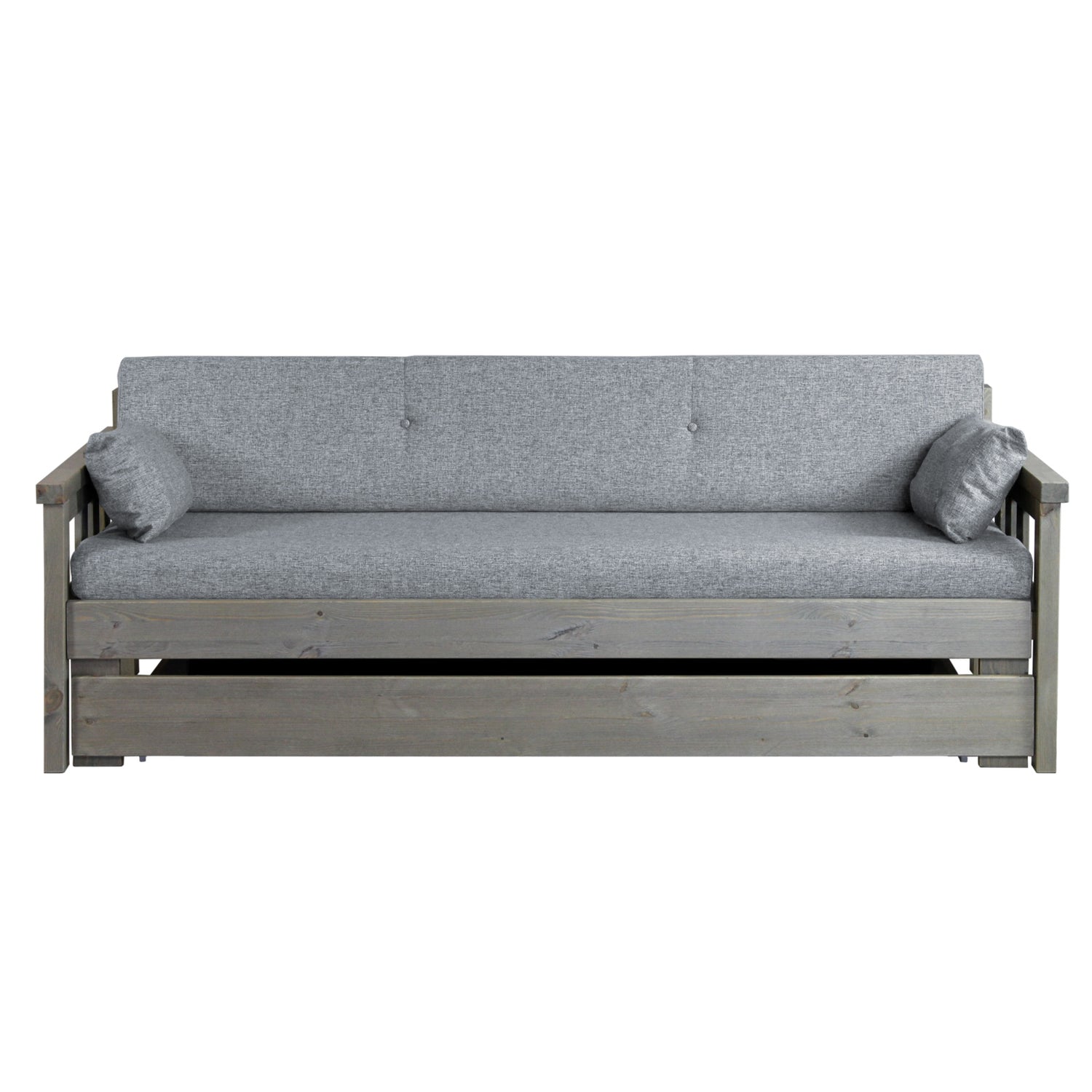 Harmaa Helena-puusohva vaalean harmaalla Lars-kankaisella patjasarjalla. Patjasarja ja vuodevaatelaatikko sisältyvät laveripakettiin.