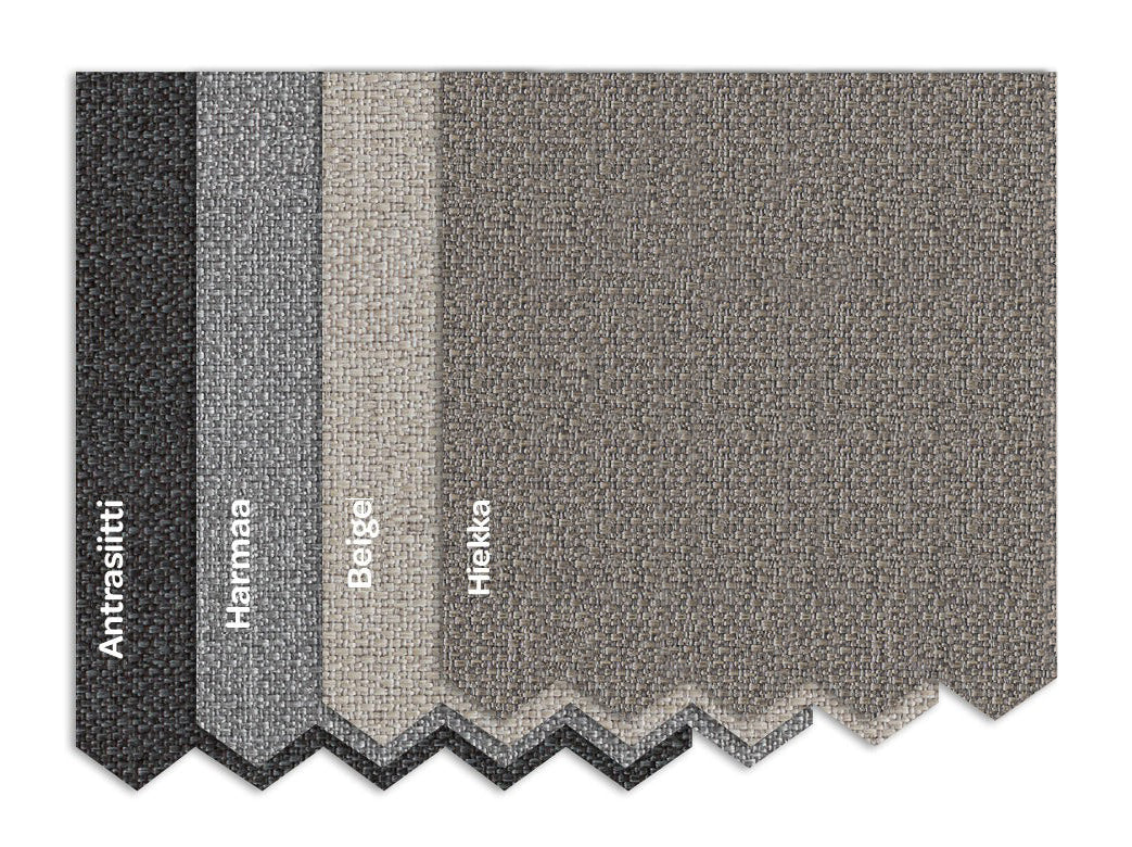 Kuvassa on Hilding -malliston kankaiden värimallikuva. Eco-verhoilukankaan värivaihtoehdot ovat antrasiitti, harmaa, beige ja hiekka.