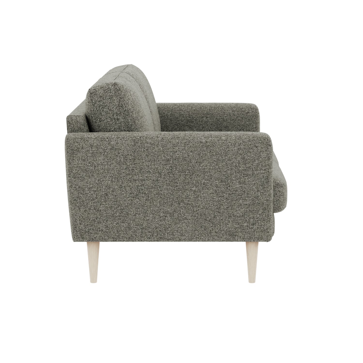 Ilona 2-istuttava vihreällä Altamura 407 -kankaalla ja luonnonvärisillä 18 cm korkeilla pyöreäkartiojaloilla. Kuvan sohvassa on 10 cm leveät KN10-käsinojat.