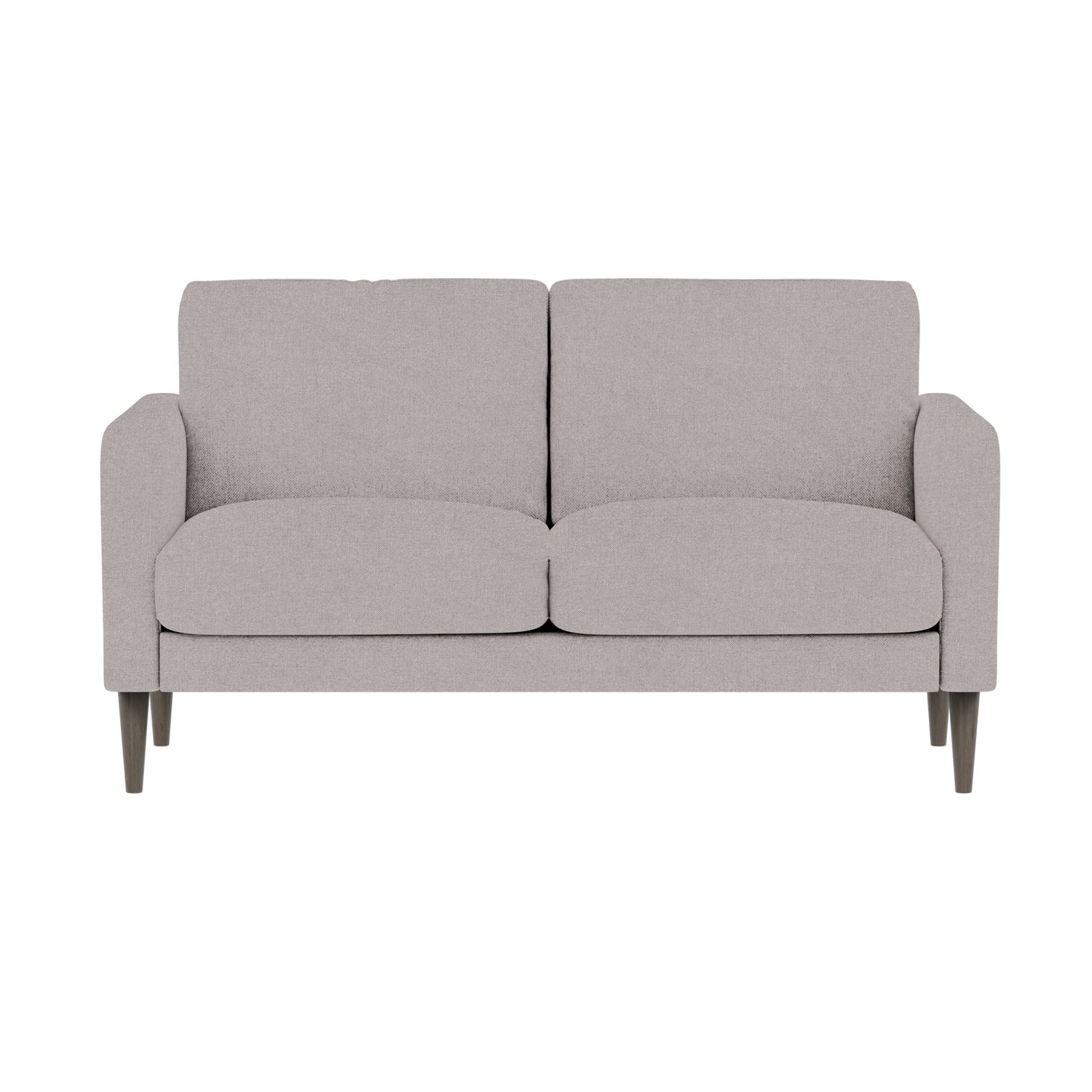 Ilona 2-istuttava sohva vaalealla hiekanvärisellä Barcelona 10 -kankaalla ja wengen värisillä 18 cm korkeilla pyöreäkartiojaloilla. Kuvan sohvassa on 10 cm leveät KN10-käsinojat.