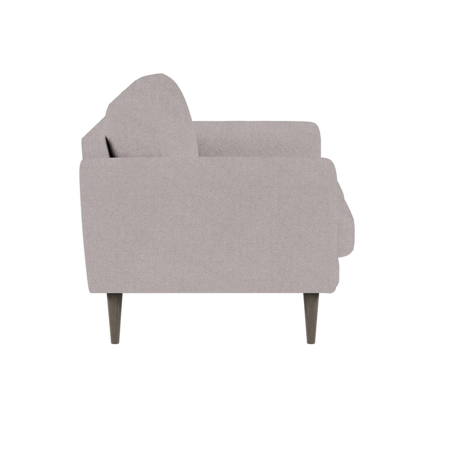 Ilona 2-istuttava sohva vaalealla hiekanvärisellä Barcelona 10 -kankaalla ja wengen värisillä 18 cm korkeilla pyöreäkartiojaloilla. Kuvan sohvassa on 10 cm leveät KN10-käsinojat.