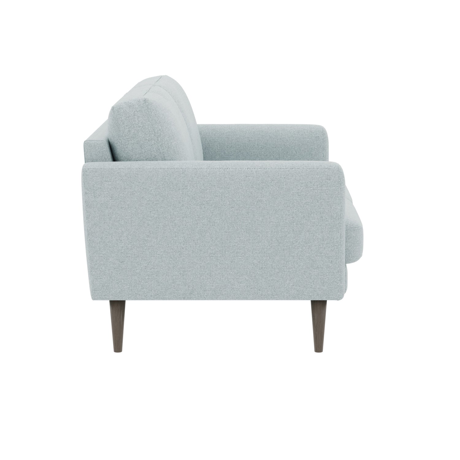 Ilona 2-istuttava sohva jäänharmaalla/mintun värisellä Naomi 347 -kankaalla ja wengen värisillä 18 cm korkeilla pyöreäkartiojaloilla. Kuvan sohvassa on 10 cm leveät KN10-käsinojat.