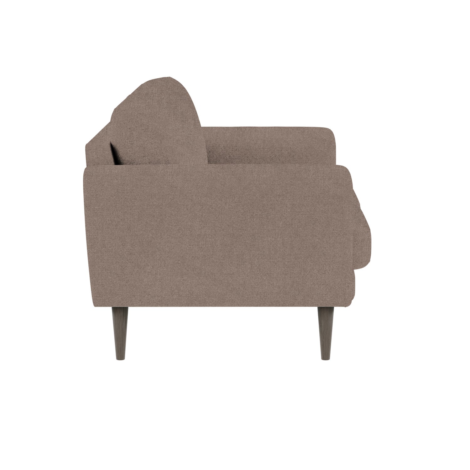 Ilona 2-istuttava sohva tumman beigenvärisellä Barcelona 30 -kankaalla ja wengen värisillä 18 cm korkeilla pyöreäkartiojaloilla. Kuvan sohvassa on 10 cm leveät KN10-käsinojat.