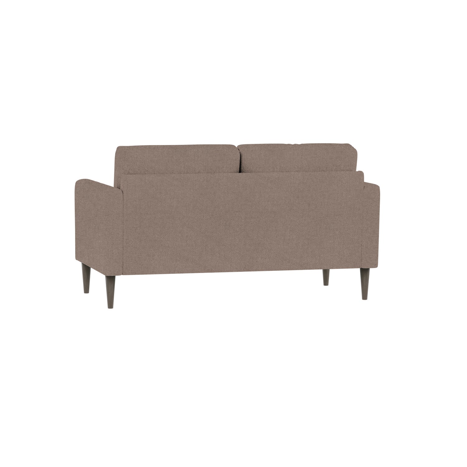 Ilona 2-istuttava sohva tumman beigenvärisellä Barcelona 30 -kankaalla ja wengen värisillä 18 cm korkeilla pyöreäkartiojaloilla. Kuvan sohvassa on 10 cm leveät KN10-käsinojat.