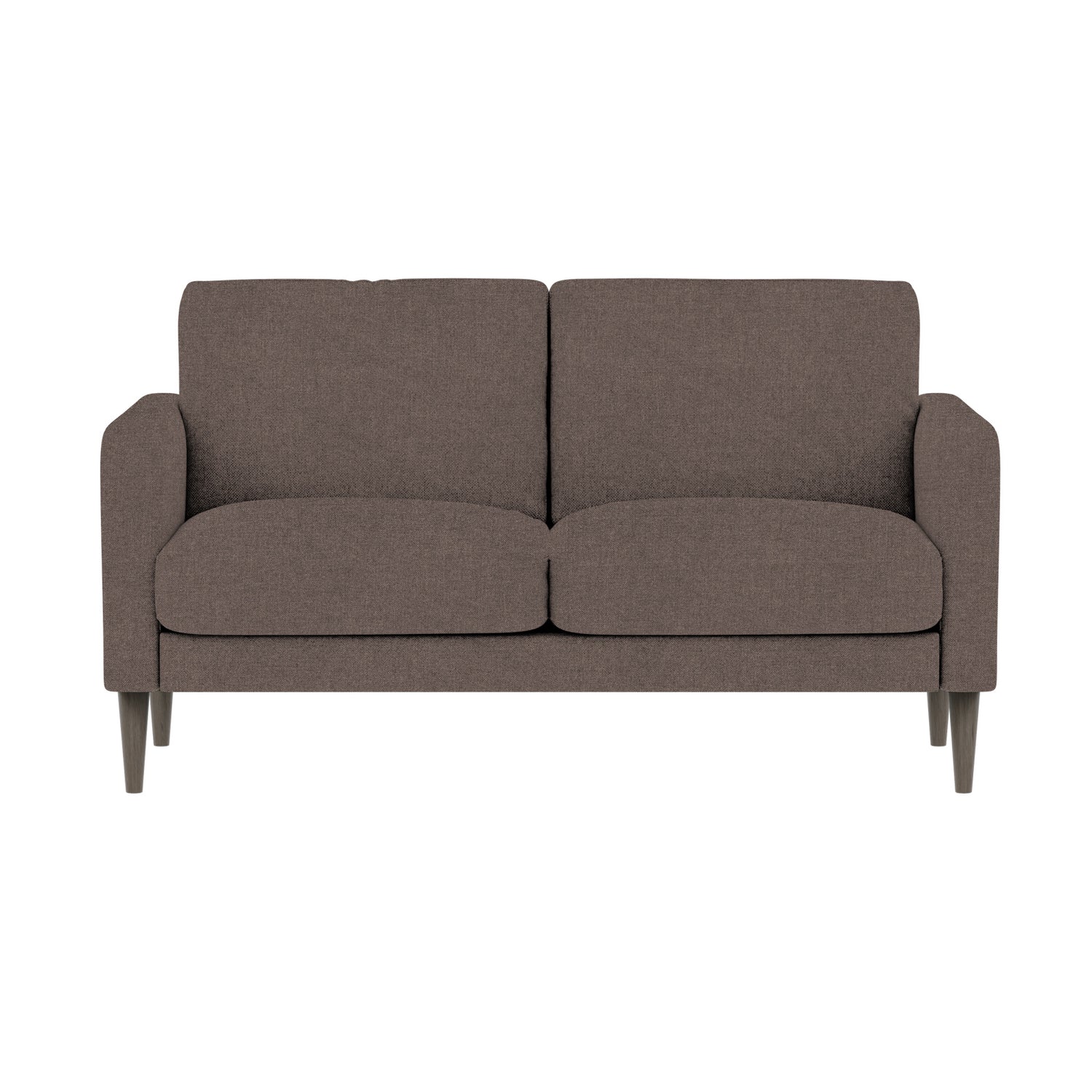 Ilona 2-istuttava sohva vaaleanruskealla Barcelona 40 -kankaalla ja wengen värisillä 18 cm korkeilla pyöreäkartiojaloilla. Kuvan sohvassa on 10 cm leveät KN10-käsinojat.